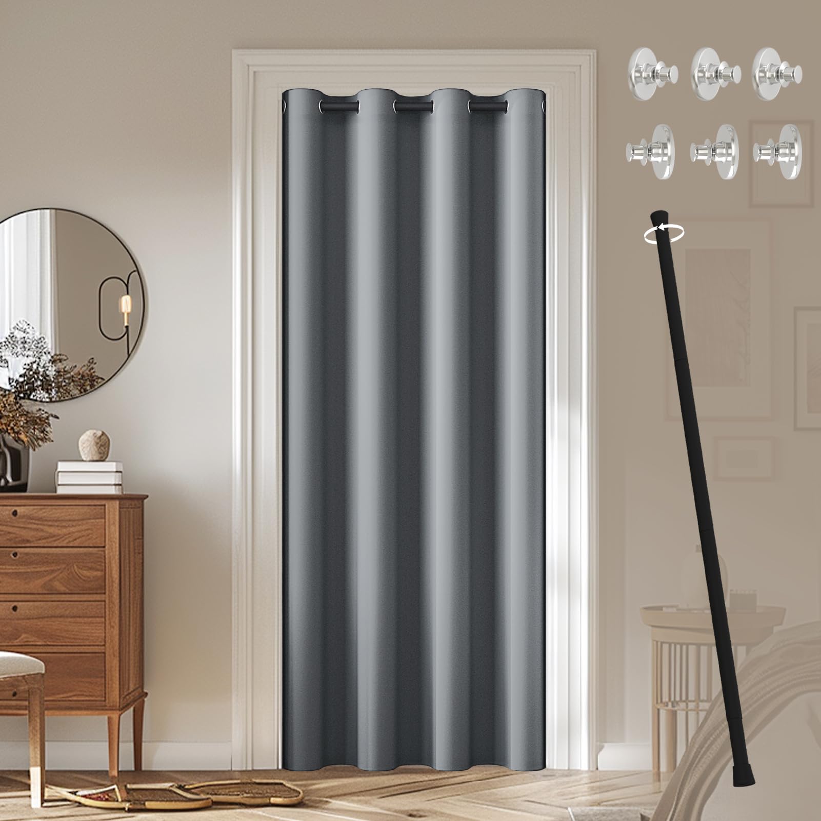 JCyh blickdichter Türvorhang mit Teleskopstange, einfache Montage ohne Bohren, 1 Stück Verdunkelungsvorhang Grau H 195 x B 132 cm für Zimmer tür, Stange Schwarz 70-125 cm H195 x B132 cm (1er Pack) Grau Angebot bei HelloDeals