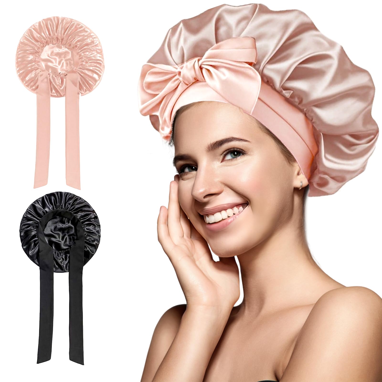 2 Stück Seidenhaube zum Schlafen, Satin Bonnet Nacht Schlafmütze, Satin Haarhaube die Nachthaube mit Gummiband für Geeignet, Schlafen, Hautpflege, Haarschutz, zum Schminken usw (Schwarz und Pink) Angebot bei HelloDeals