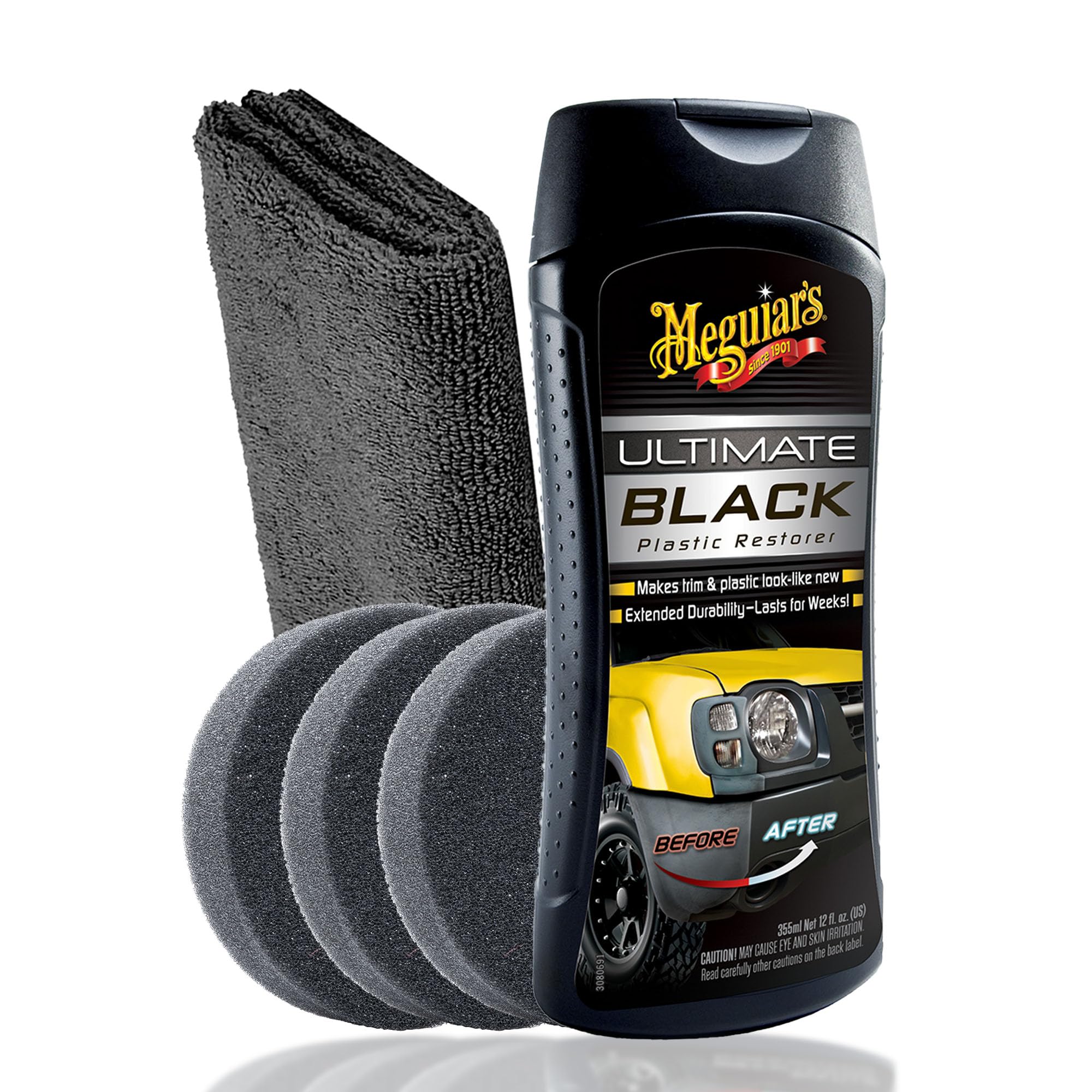 Auto Kunststoff Auffrischer Set für Innen und Außen | Meguiar's Ultimate Black Plastic Restorer + 3x Applikator Pad + Poliertuch | Kunststoffpflege für neuen Glanz mit UV-Schutz Angebot bei HelloDeals