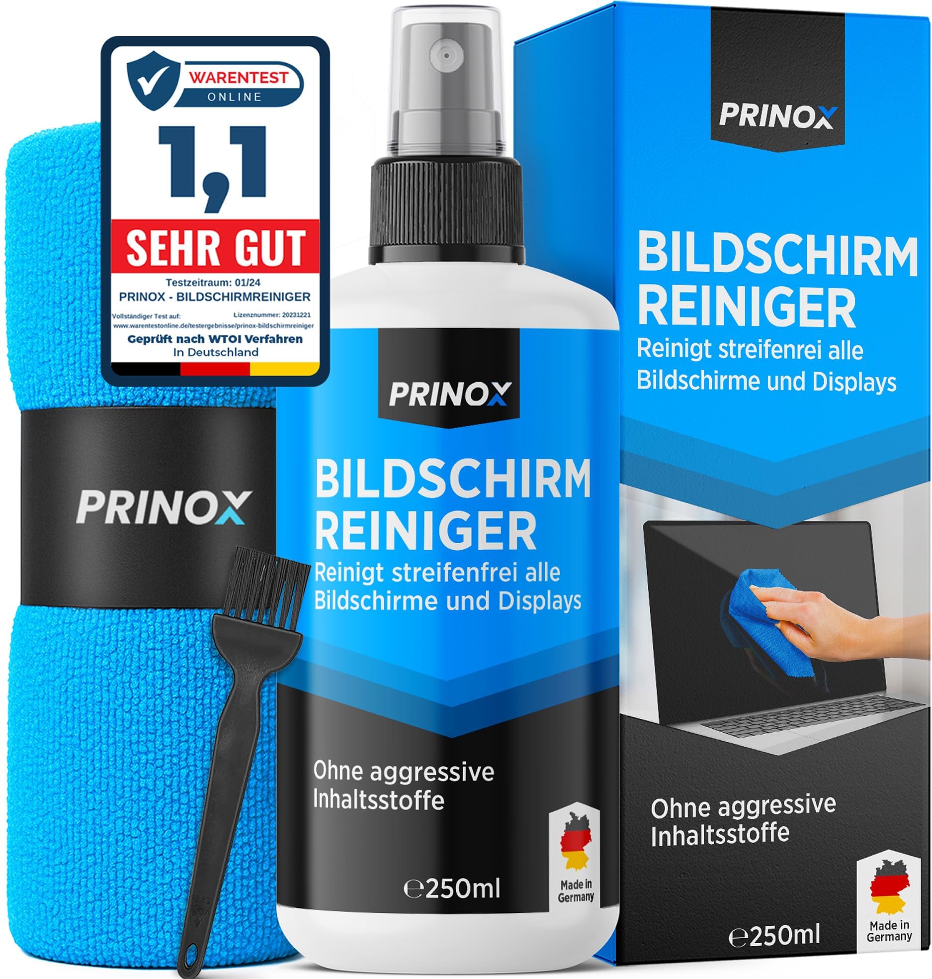 PRINOX Bildschirmreiniger Set 250ml mit Mikrofasertuch und Pinsel - Display Reiniger für Handy, Laptop und TV Displays (LCD, LED, OLED, QLED, TFT) gegen Fettflecken und Fingerabdrücke 250 ml (1er Pack) Angebot bei HelloDeals