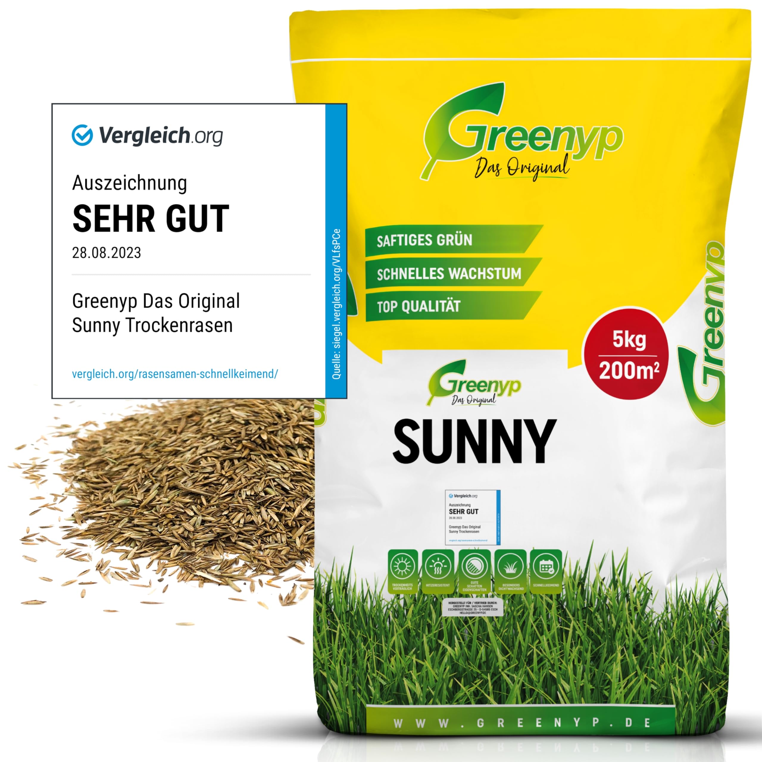 Greenyp® Sunny I dürreresistenter Trockenrasen I 5kg für 200m² I Grassamen Rasensamen Rasensaat Gras Nachsaat schnellkeimend 200m² / 5kg Angebot bei HelloDeals