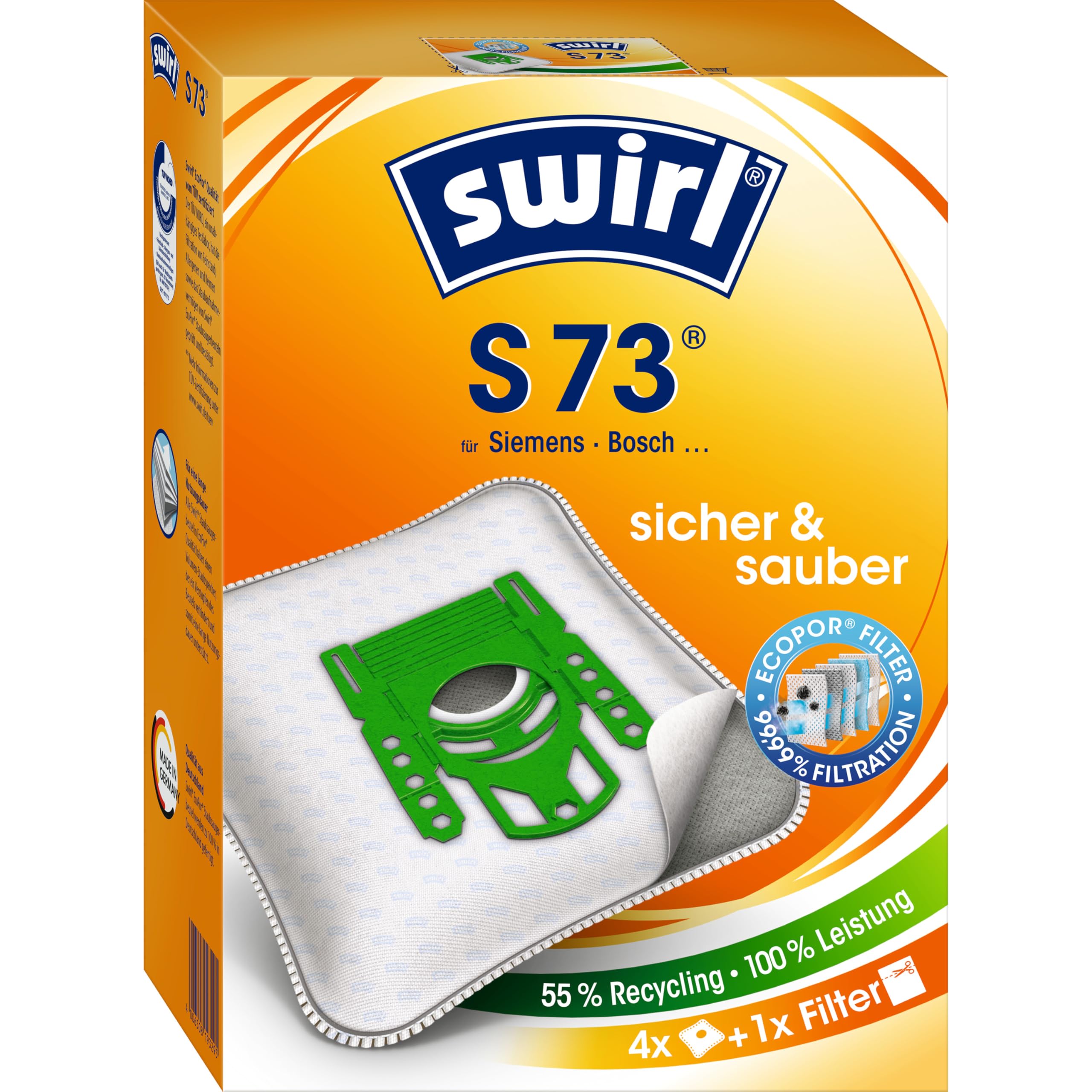 Swirl S 73 EcoPor Staubsaugerbeutel (4 Beutel), reißfeste Staubbeutel für einige Siemens & Bosch Staubsauger, 99,9% Filterung von Hausstaub & allergenem Feinstaub Angebot bei HelloDeals