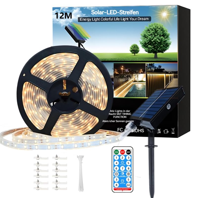 Meewata 12M Solar Strip Lights Outdoor Wasserdicht Dimmbar Gartenleuchten mit Fernbedienung & 8 Modi Schneidbar LED Lichtstreifen für Terrasse, Balkon, Terrassendielen Dekor Warmweiß Warm White 12M Angebot bei HelloDeals