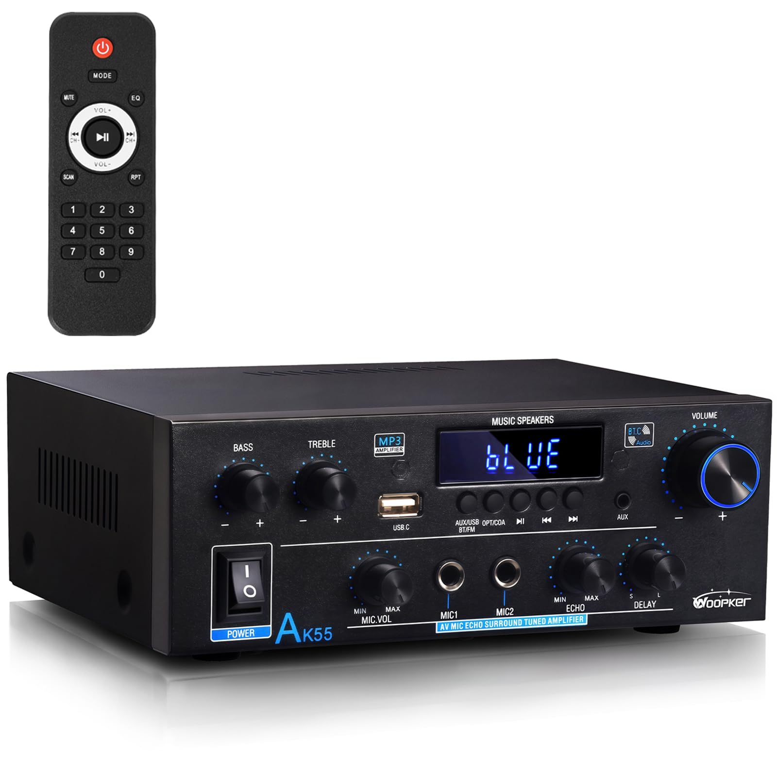 Stereo Verstärker - WOOPKER AK55 HiFi Verstärker Stereo Receiver 600W, 2.0 Kanal Bluetooth Verstärker mit w/UKW-Radio, Opt/AUX/RCA/USB, 2 Mic Eingänge für Lautsprecher Angebot bei HelloDeals