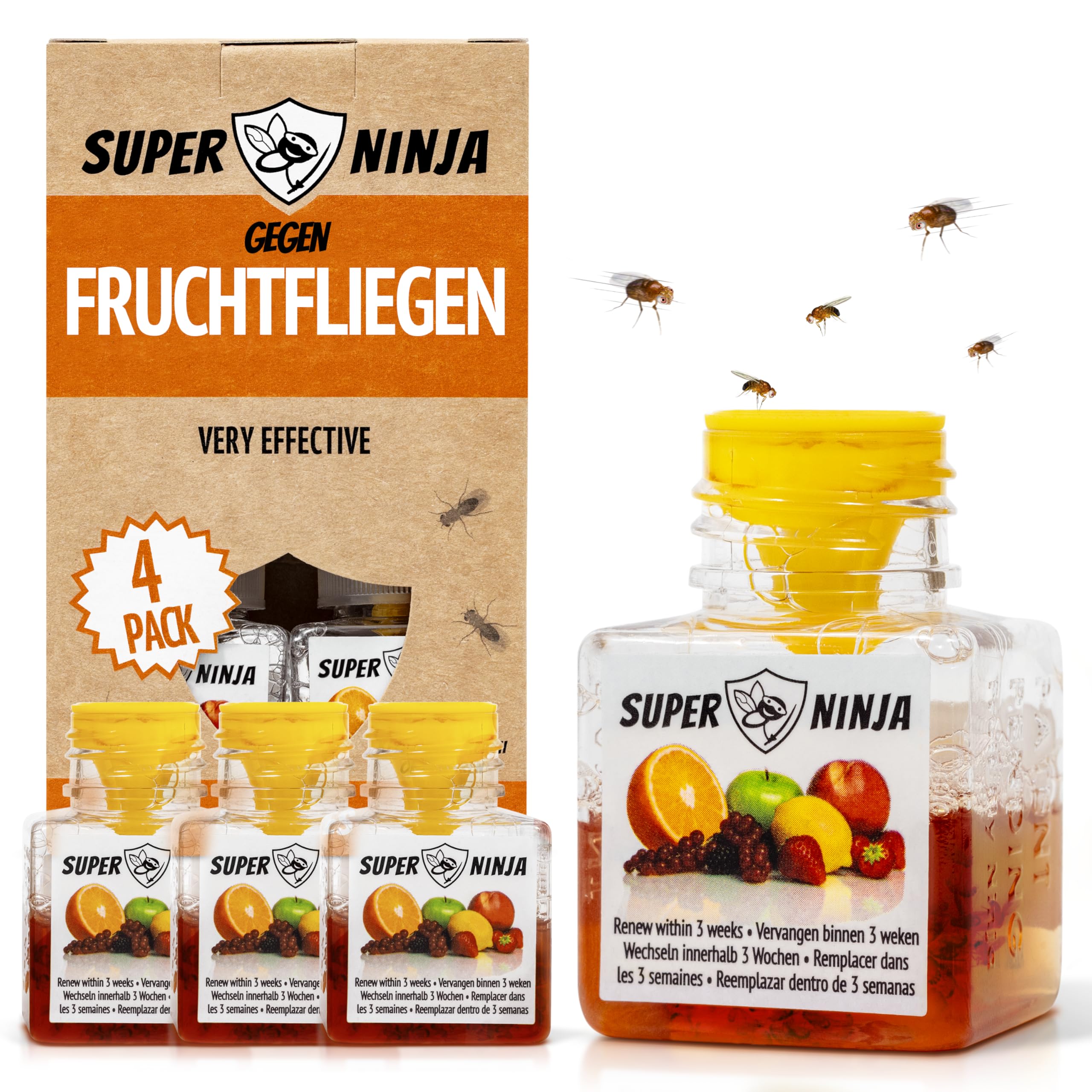 Super Ninja Fruchtfliegenfalle für Innenbereich – 4er-Pack, Wirksame Obstfliegenfalle für Haushalt und Küche, bis zu 3 Wochen Leistung pro Flasche, Kinder-und haustierfreundlich 4 stück (1er Pack) Angebot bei HelloDeals