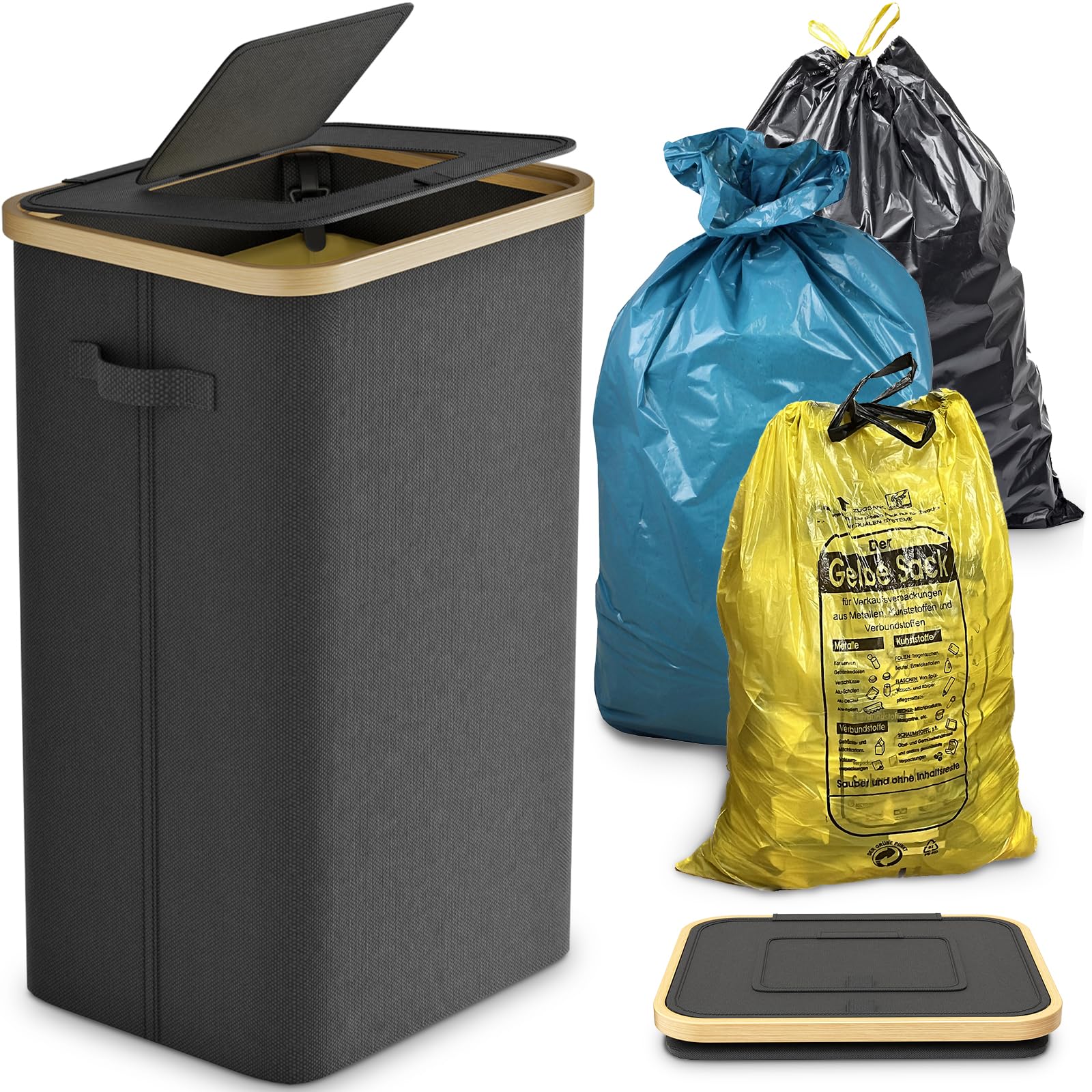 DOKRVLOQ Gelber Sack Ständer Stabil mit Deckel - Großer Mülleimer & Müllsackhalter für Küche & Haushalt | 100L Müllsystem Behälter Schwarz - Praktischer Müllsackständer Angebot bei HelloDeals