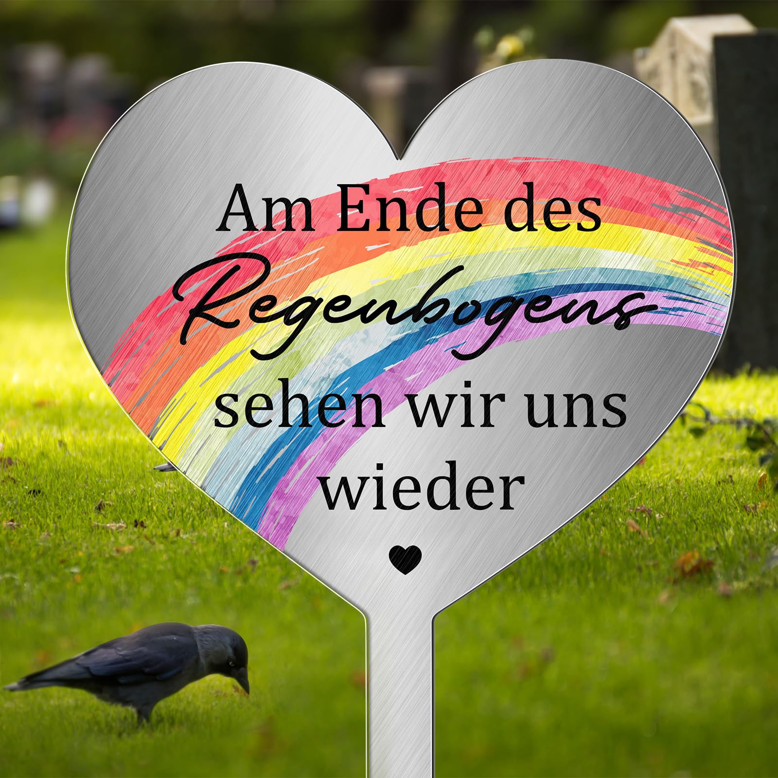 Photect Grabschmuck Wetterfest Grabstecker Metall Herz mit Spruch Am Ende des Regenbogens Sehen Wir Uns Wieder Herz Frostbeständig Grabschmuck zum Erinnerung Andenken Dekoherz Trauer silber Angebot bei HelloDeals