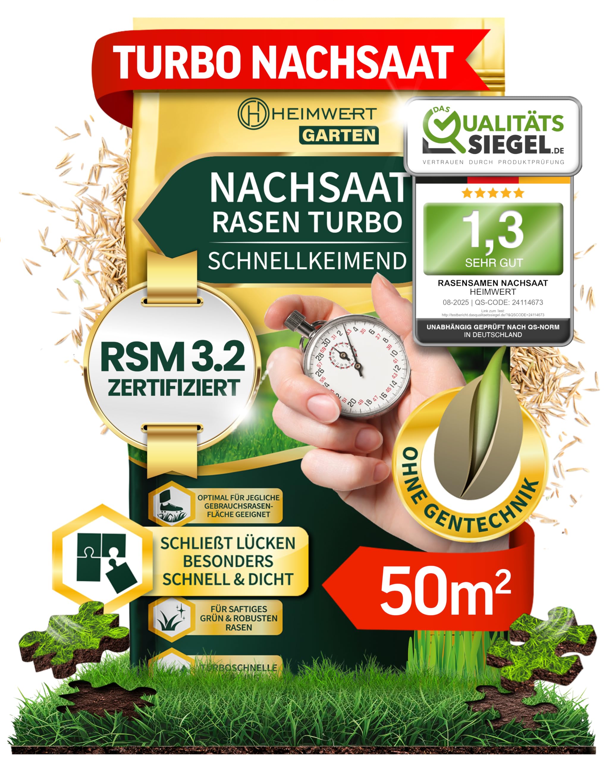 Heimwert Rasensamen schnellkeimend Turbo Nachsaat Grassamen schnellkeimend nach original RSM 3.2 Empfehlung aus hochwertigster Gräser Mischung - 1kg Sport und Spiel Rasen für 50 m2 - Made in Germany Angebot bei HelloDeals