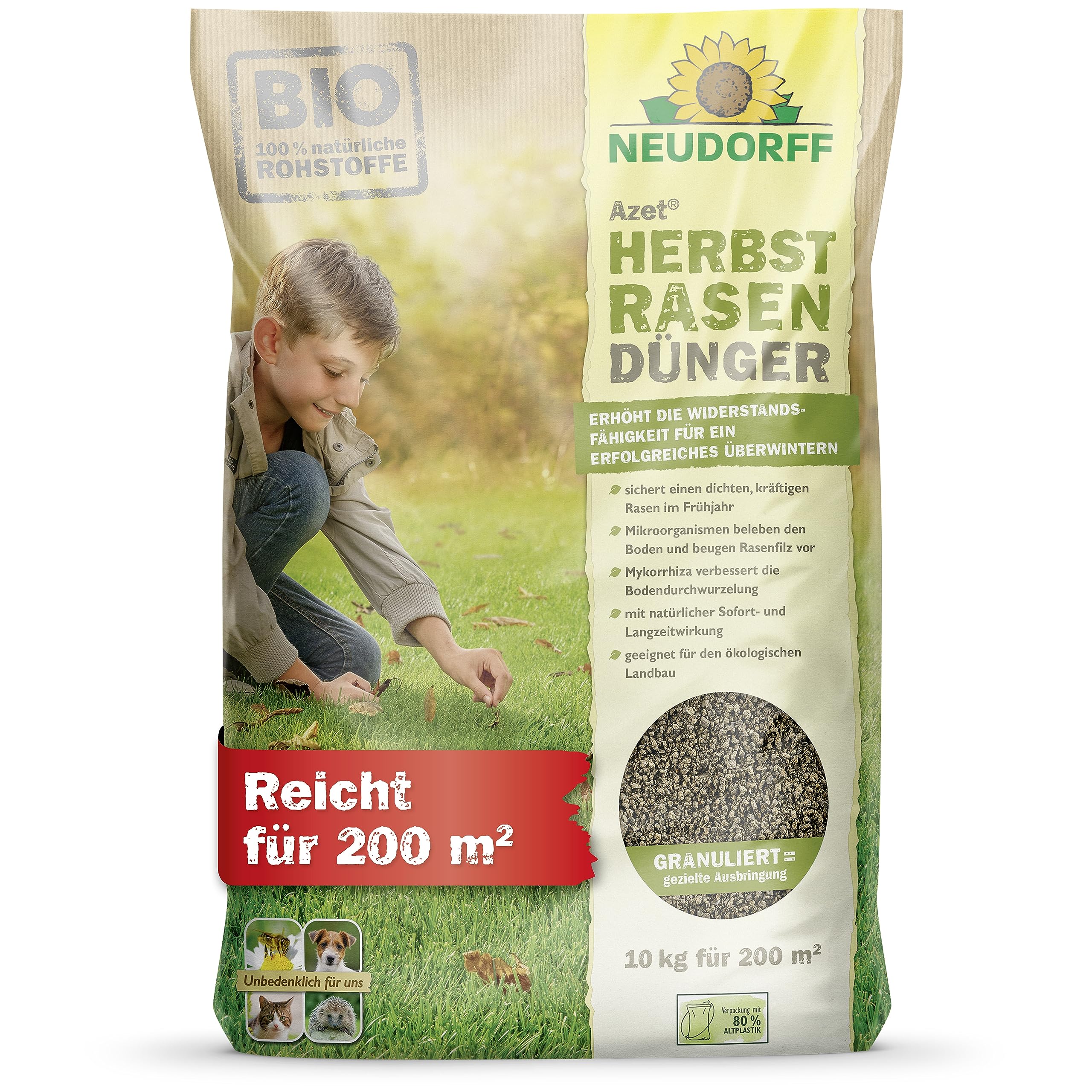 Neudorff Azet HerbstRasenDünger - Organischer Bio-Dünger für 200 m² stärkt die Frosthärte und sorgt für einen dichten, kräftigen Rasen im Frühjahr, 10 kg Angebot bei HelloDeals