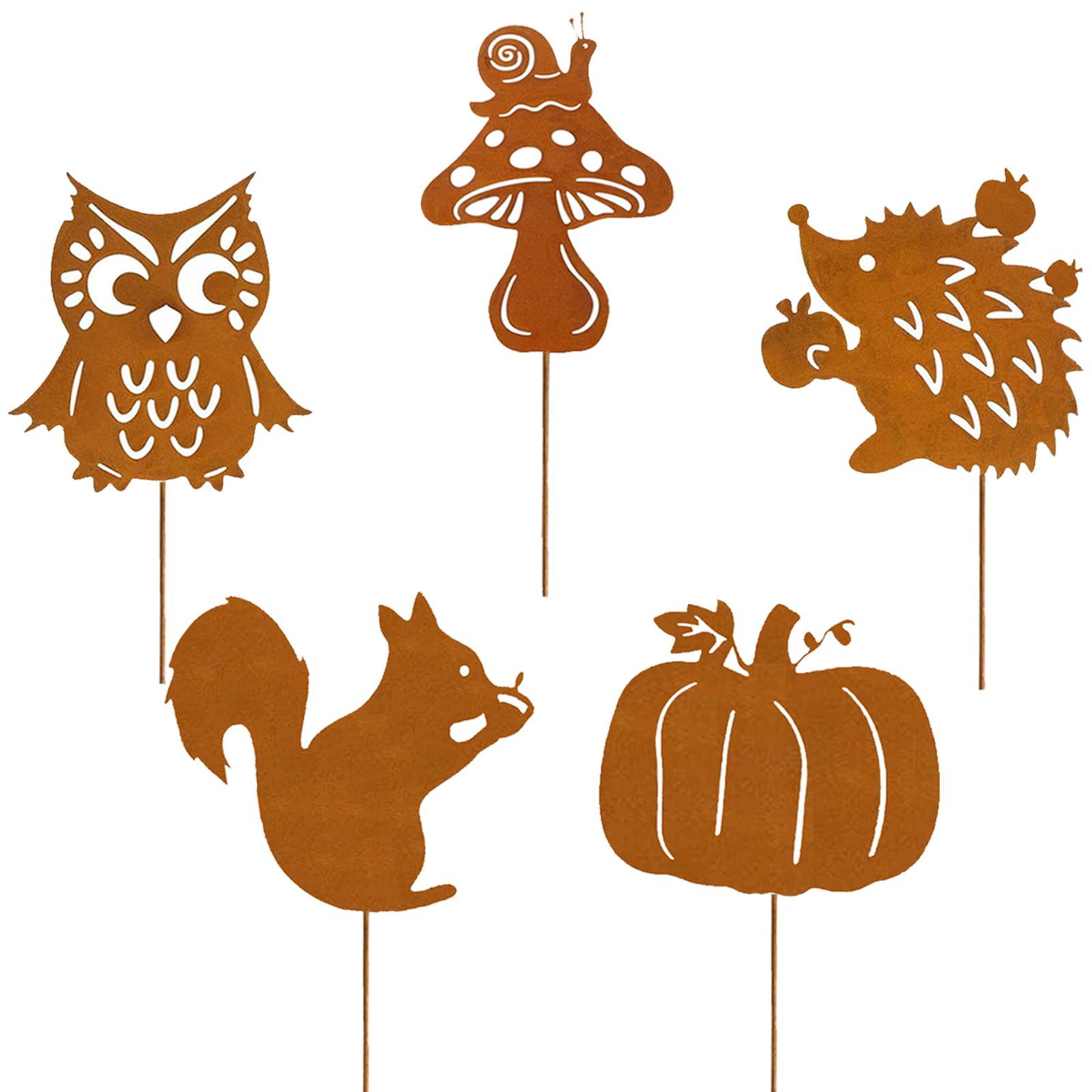 Gartenstecker Rost Herbstdeko Innen 5er Garten Deko Herbst für Draußen mit Igel Eule Pilze Eichhörnchen Kürbis Metall Roststecker Gartendeko Blumentopf Terrasse Geschenk Erntedank Herbst Fünfteiliges Set Angebot bei HelloDeals