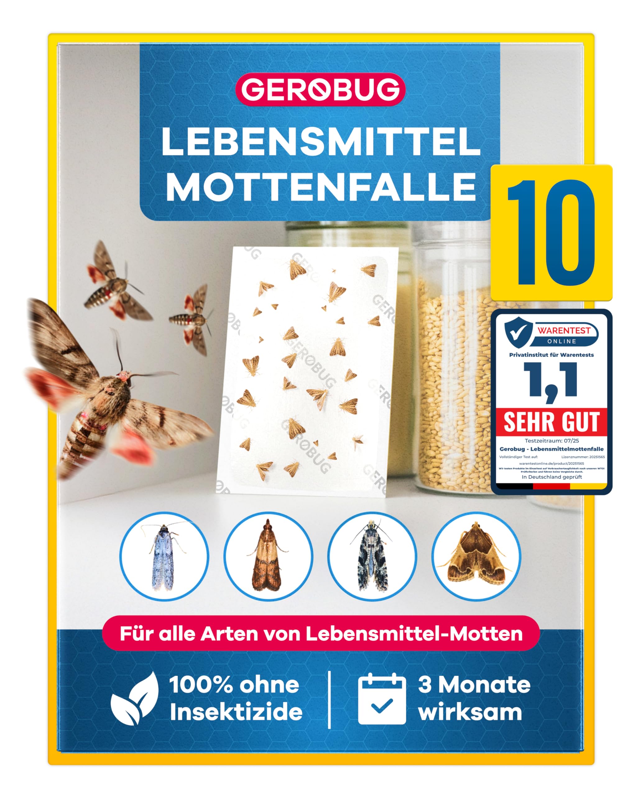 GEROBUG Lebensmittelmotten-Falle - 10 x geruchlose Pheromonfalle zum Fangen von Motten in allen Räumen - insektizidfreie Lebensmittel-Mottenfalle mit über 12 Wochen Langzeitwirkung Angebot bei HelloDeals