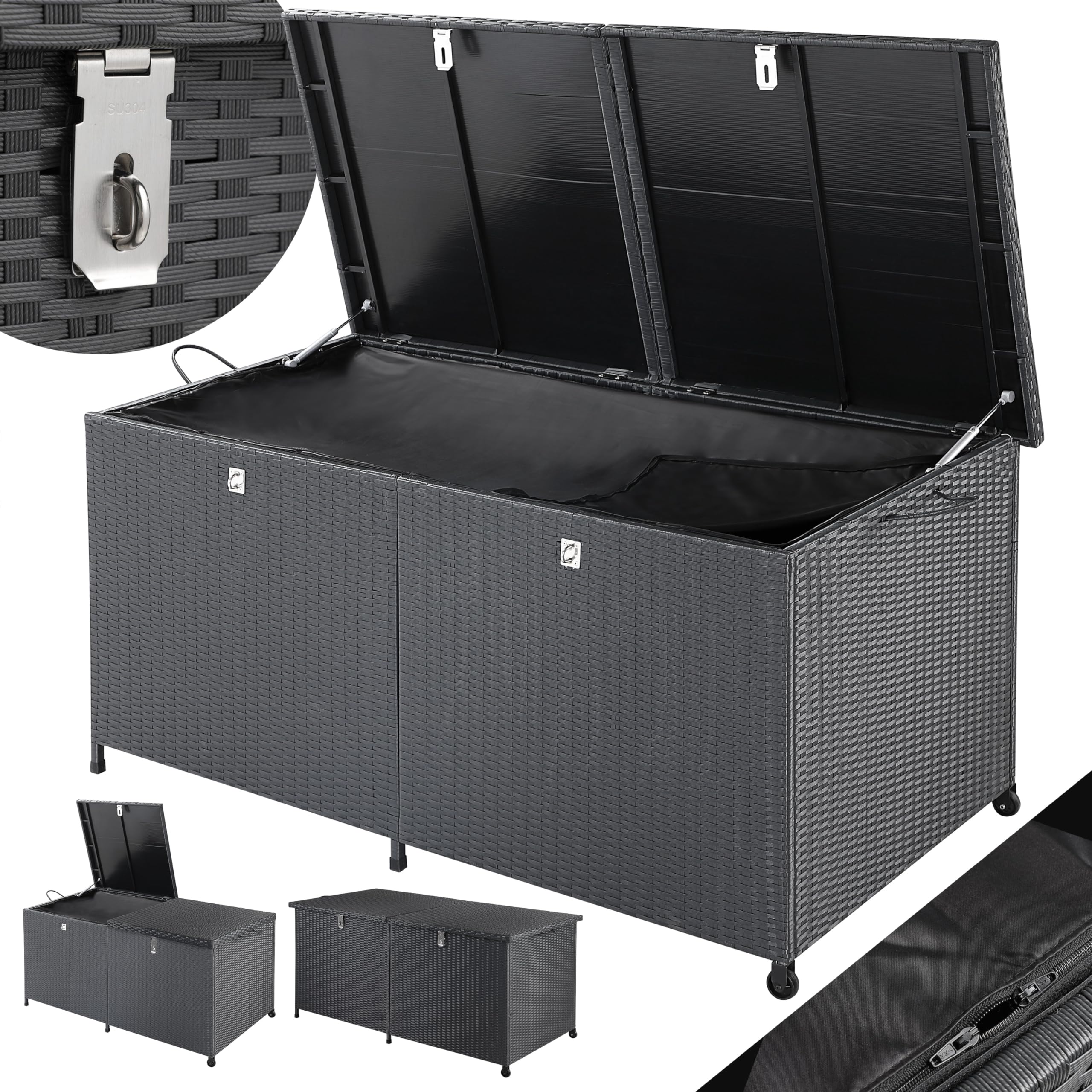 Casaria® Gartenbox XXL Polyrattan Wetterfest 625L UV-beständig Griffe Rollen Gasdruckfeder Garten Wintergarten Auflagenbox Kissenbox 150x77cm Schwarz Angebot bei HelloDeals