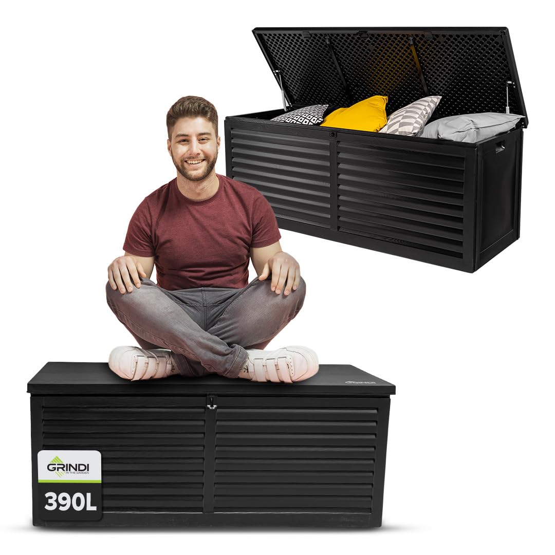 Grindi - Aufbewahrungsbox mit Deckel - Auflagenbox Larus - Gartenbox - Kissenbox 390 L - Outdoor Schrank - Paketbox - Sitzbank mit Stauraum - Gartenhaus - Geräteschuppen - Truhe mit Deckel Schwarz 390L Angebot bei HelloDeals