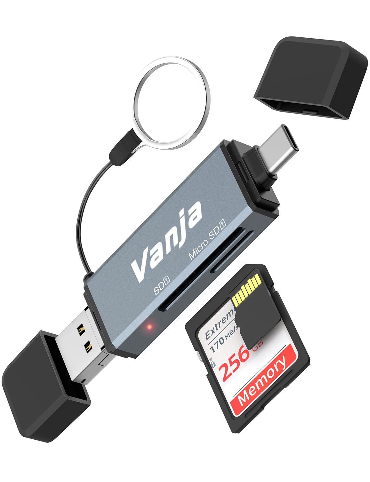 Vanja SD Kartenleser USB C, Triple-Stecker High-Speed USB Micro SD Kartenlesegerät – Unterstützt SD, SDHC, SDXC, MicroSD – Kompatibel mit iPhone 16/15, MacBook Pro/Air, Smartphone, Kamera usw Angebot bei HelloDeals