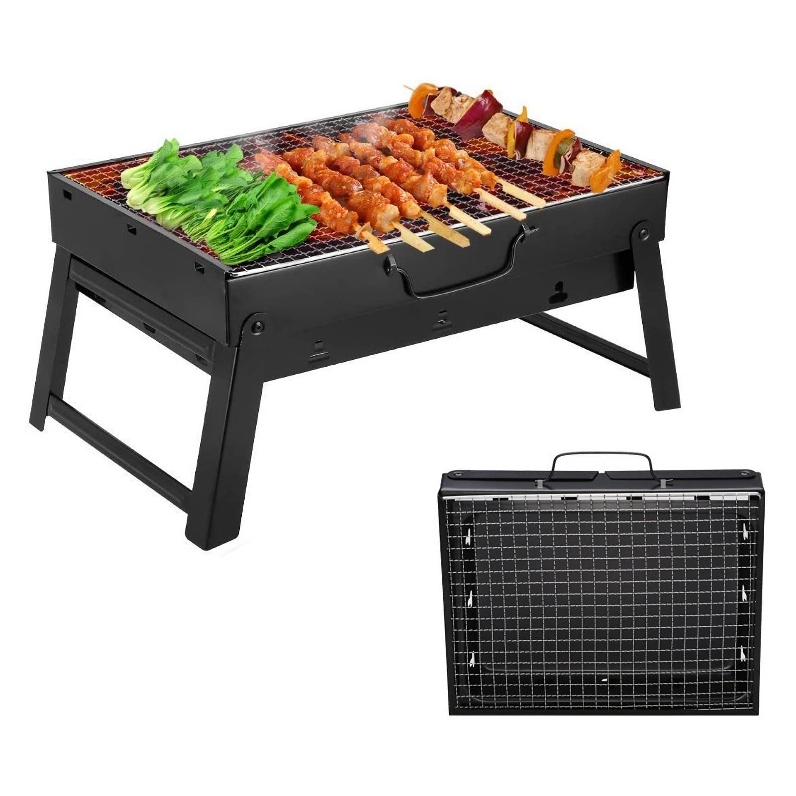 ROIMOE Holzkohlegrills Grill BBQ Portable, Tischgrill Campinggrill Picknickgrill, Abnehmbare BBQ Grills Klappgrill Minigrill für Outdoor Terrasse Camping (Large) Black Angebot bei HelloDeals