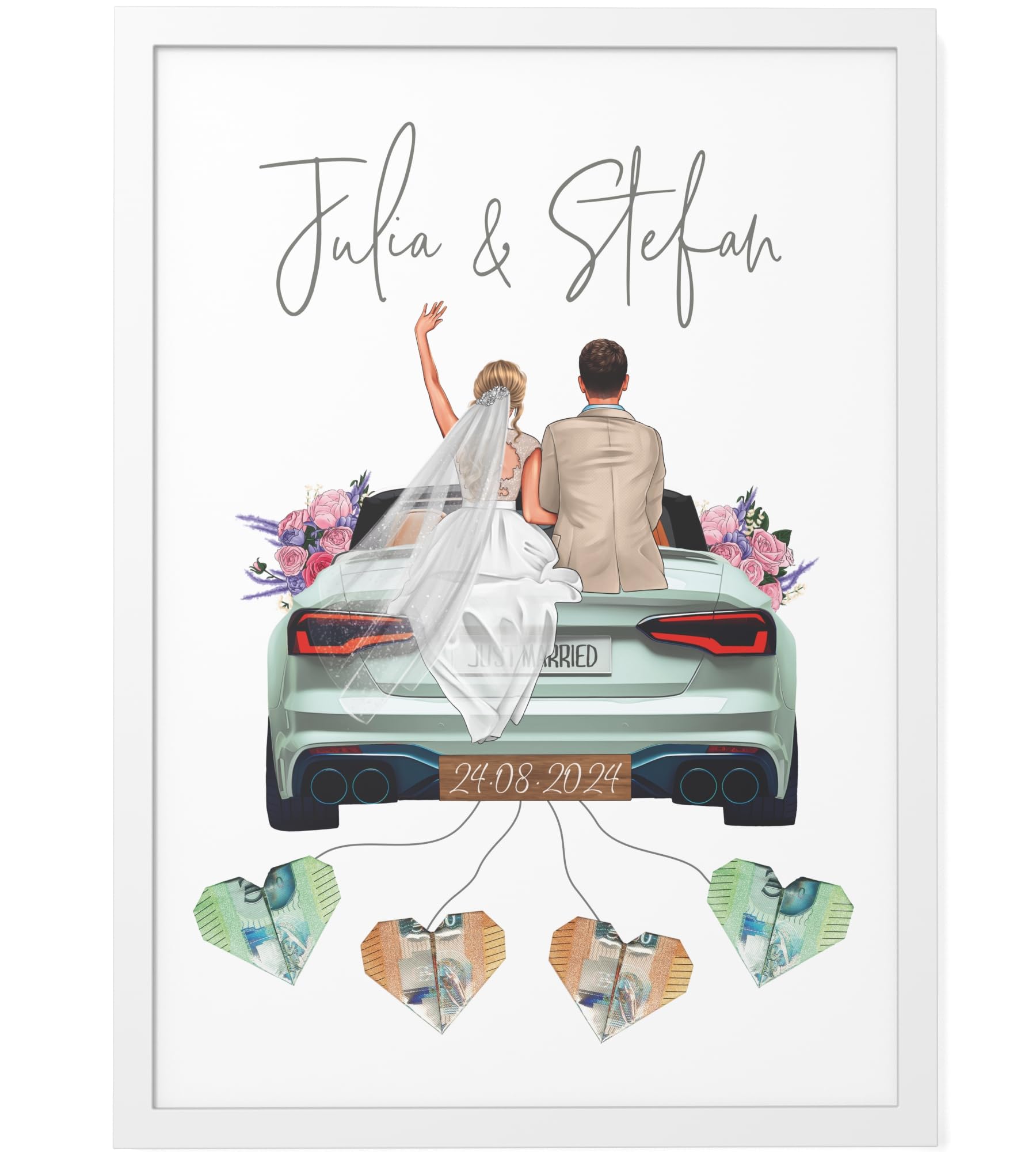 Papierschmiede® Personalisiertes Geldgeschenk Hochzeit | DIY Hochzeitsgeschenke für Brautpaar | ECHTES PAAR | A4 Poster mit Rahmen Hochzeitsauto Geld Geschenk Bild „New Car“ Wedding New Car DIN A4 (21 x 29,7 cm) Angebot bei HelloDeals