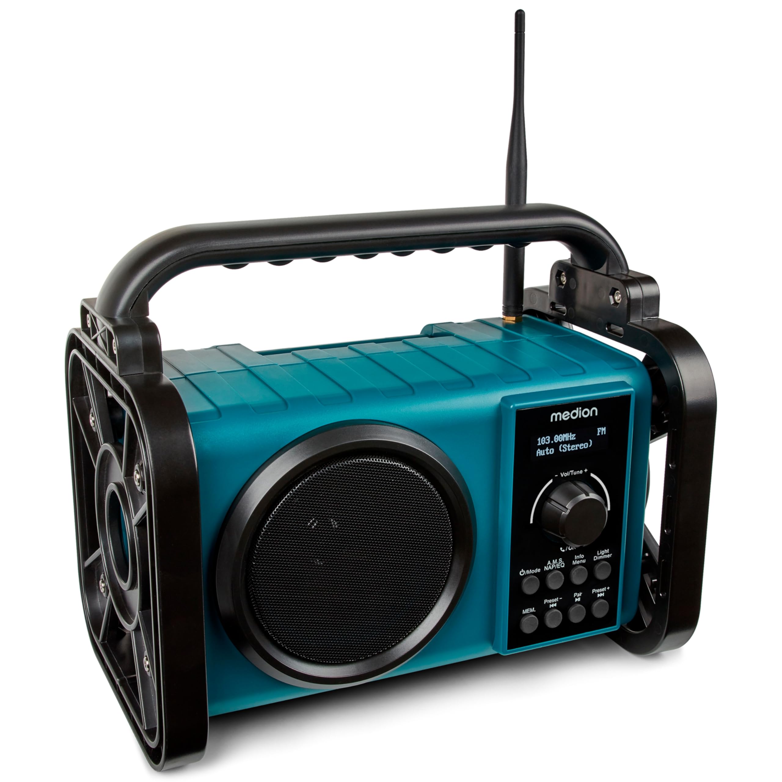 MEDION E66877 DAB+ Baustellenradio (Robustes Gehäuse, Spritzwassergeschützt (IP44), Bluetooth 5.0, PLL UKW Radio, LED-Arbeitslicht, Akku- und Netzbetrieb) blau Horizontal | 5 Watt (RMS) Angebot bei HelloDeals