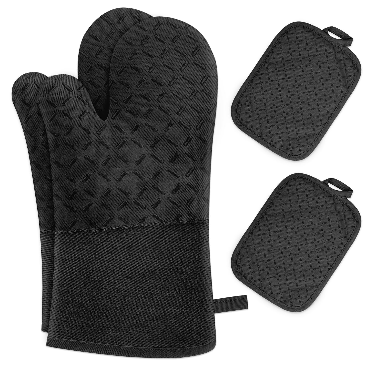 MILcea Ofenhandschuhe Topflappen Topfhandschuhe 4er Set - Ofenhandschuhe Hitzebestaendig bis 300°C, Rutschschutz, Verlängern, Weich, Backhandschuhe Kochhandschuhe Oven Gloves, Schwarz Angebot bei HelloDeals