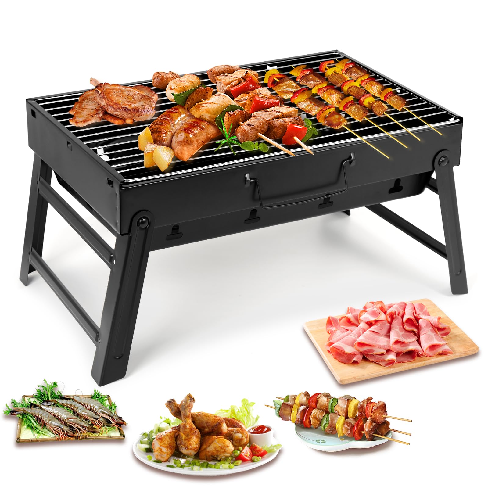 Holzkohlegrills Tragbarer Grill Edelstahl Holzkohle Smoker Char Broil BBQ Pit Grill für Outdoor Camping (Mittel), Schwarz Medium Angebot bei HelloDeals