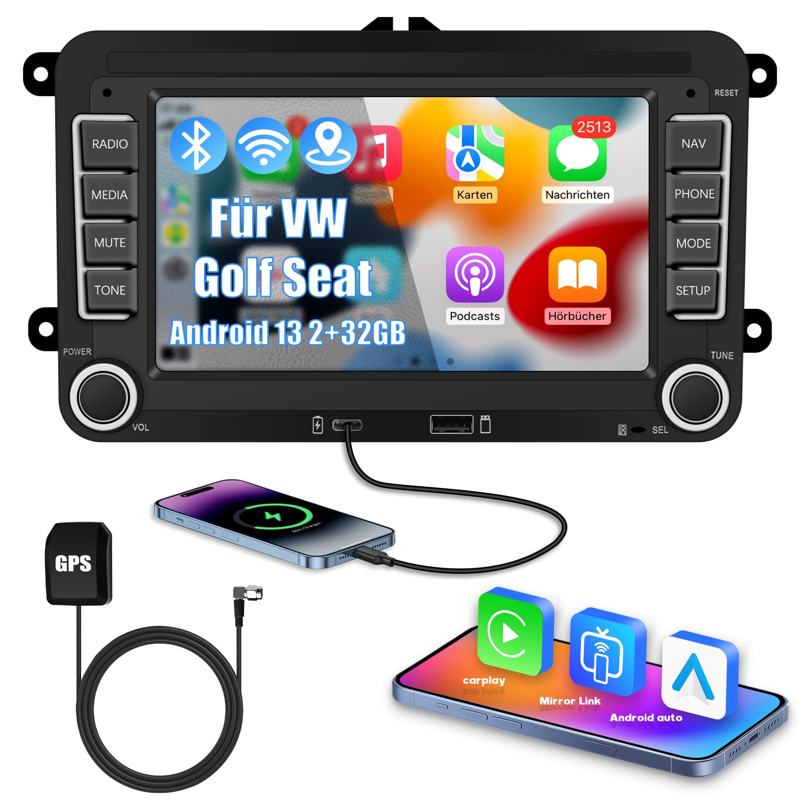 Ledio Bluetooth Autoradio mit Bildschirm für VW Golf 5 6 T5 Polo 6r Caddy Passat Touran Seat, Auto Radio mit Navi WLAN FM/AM Dab Radio, Apple Carplay Android Auto Mirrorlink 2Din 7 Zoll Android 14 GPS Angebot bei HelloDeals