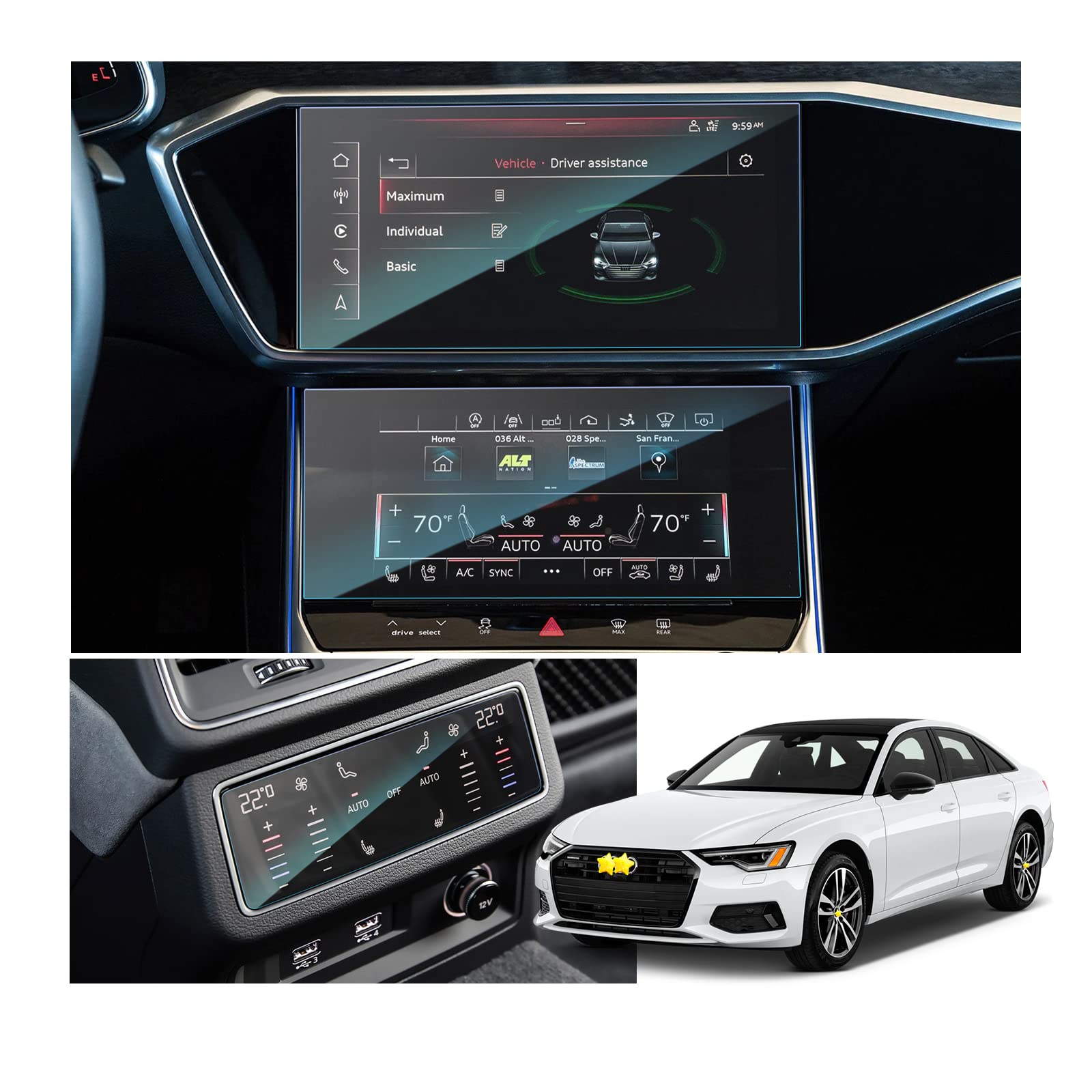 SKTU Displayschutzfolie kompatibel mit Audi A6 / A7 2019-2023 2024 Oberer Bildschirmfilm 10,1'' + unterer Bildschirmfilm Schutzfolie 8,6'' + Klimaanlagenfolie aus gehärtetem Glas Kratzfest Für MMI + Klima Vorne&hinten Angebot bei HelloDeals