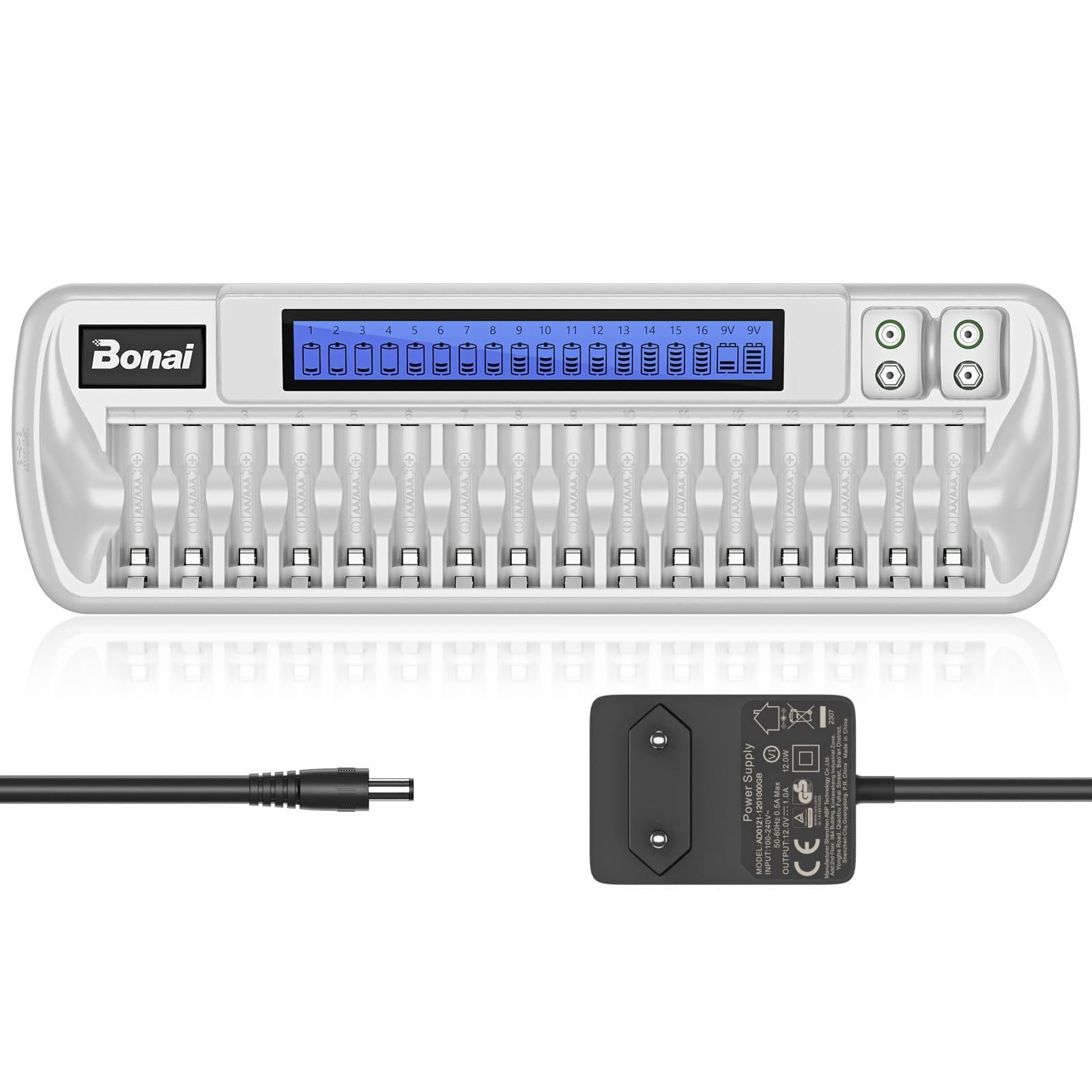 BONAI Akku Ladegerät 18 Slot Universal Schnelles Batterieladegerät LCD Smart Akkuladegerät Intelligent Battery Charger für AA AAA 9V Block NI-MH/NI-CD Wiederaufladbare Batterien Weiß Angebot bei HelloDeals