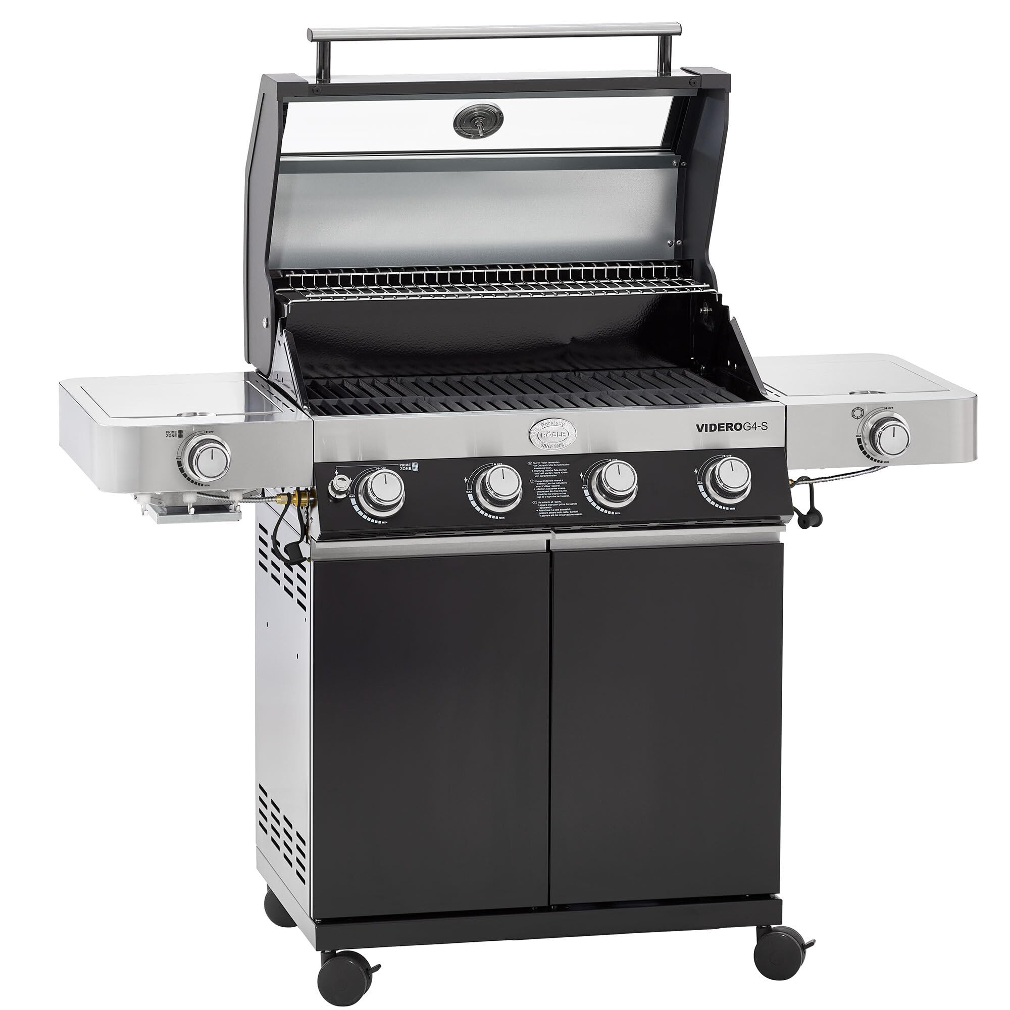 RÖSLE Gasgrill BBQ-Station VIDERO G4-S Schwarz, Grill mit 4 Edelstahlbrennern, extra Primezone und Seitenbrenner, klappbare Seitentische, VARIO+, pulverbeschichteter Stahl Angebot bei HelloDeals