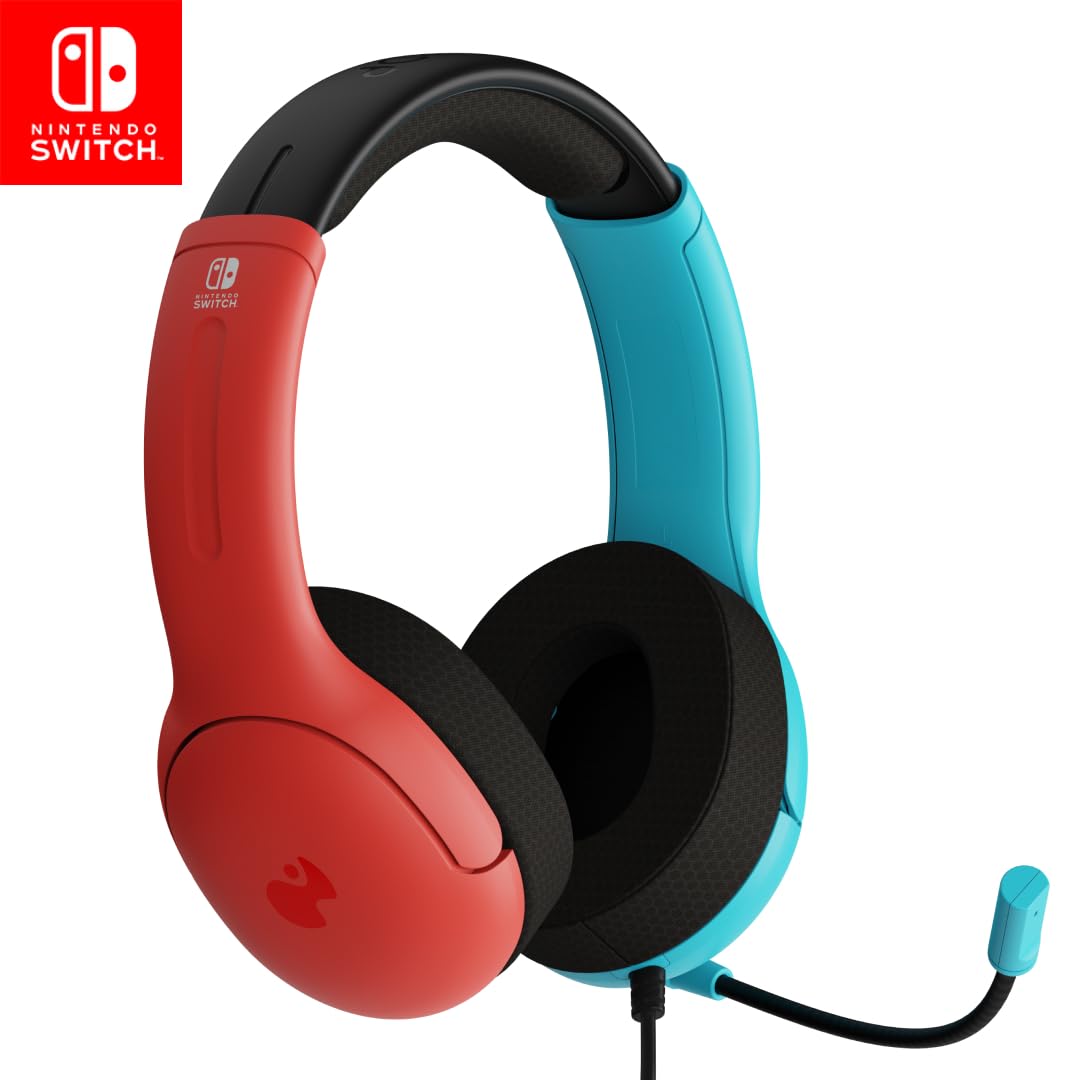 PDP Gaming LVL40 Stereo Kopfhörer mit Mic für Nintendo Switch - PC, iPad, Mac, Laptop Compatible - Noise Cancelling Microphone, Lightweight, Soft Komfort On Ear, 3.5 mm Jack - neon Blau-Rot Drahtgebunden Blau und Rot Angebot bei HelloDeals
