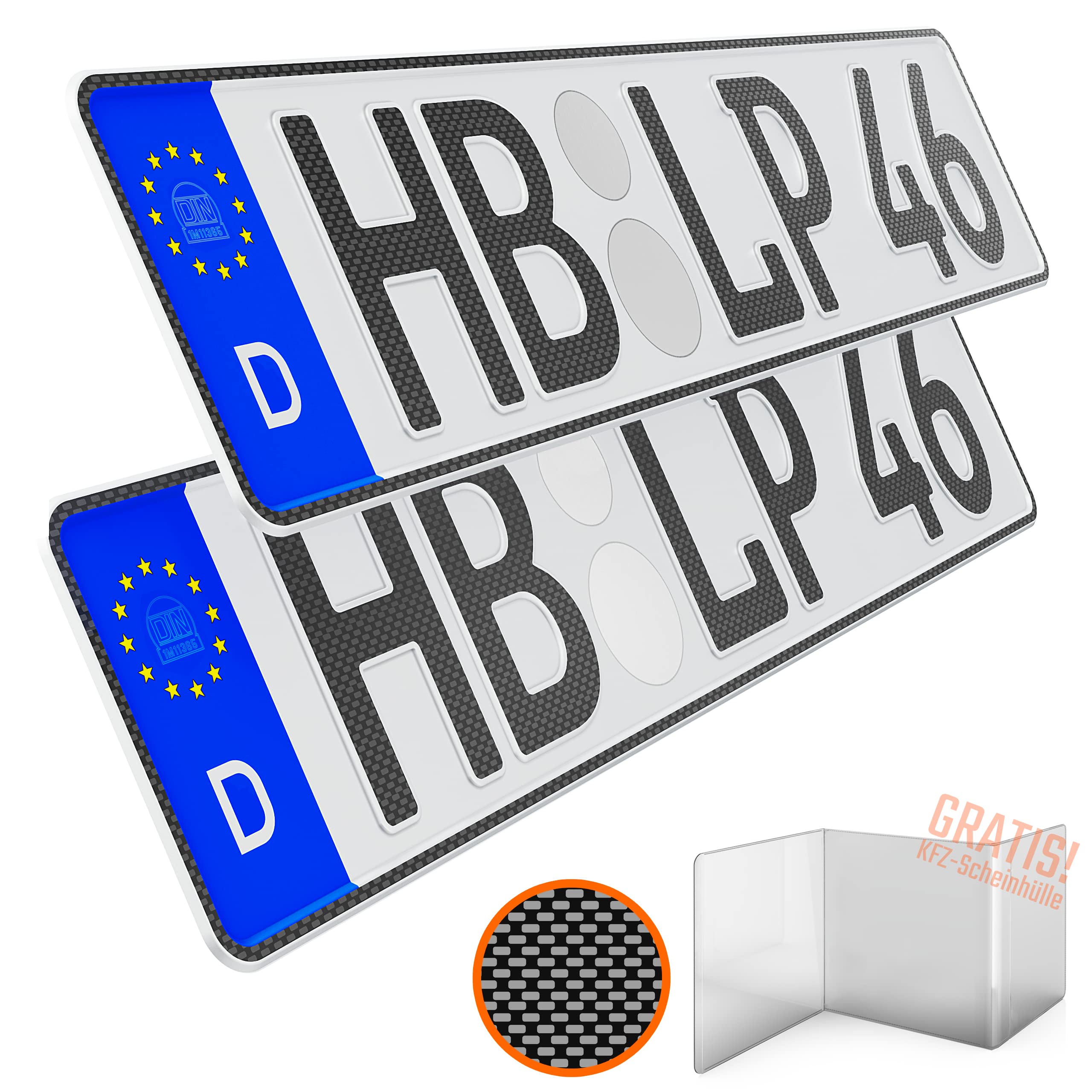 L & P Car Design KFZ Kennzeichen 2 Stück 46cm x 11cm in Carbon Optik Nummernschild 460mm x 110mm Wunschkennzeichen DIN Autokennzeichen Fahrradträger Anhänger LKW Wunschprägung amtliches Autoschild Angebot bei HelloDeals