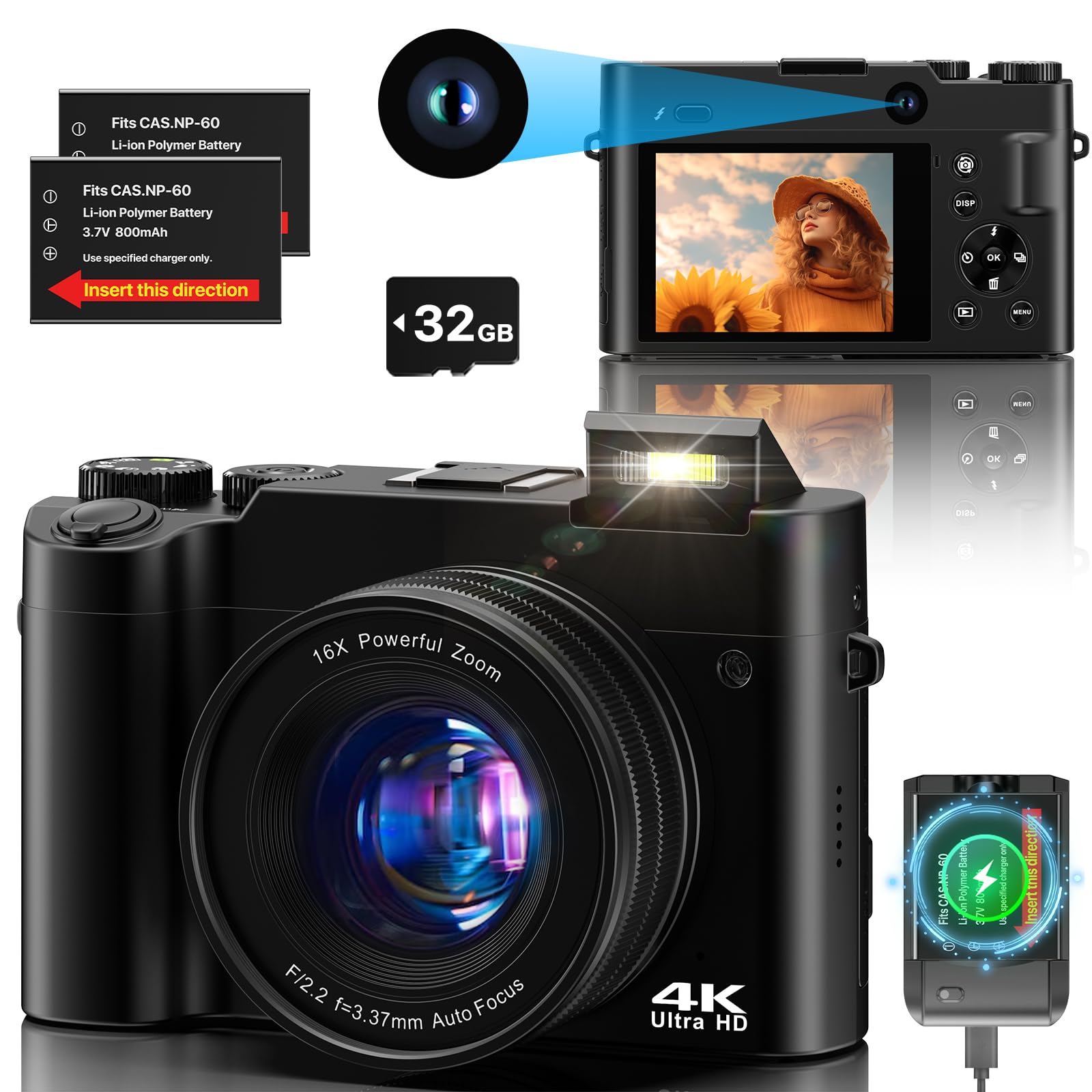 Digitalkamera 4K，64 MP Fotokamera Dual Kamera Anti-Shake Vlogging Fotokamera mit 32GB Speicherkarte, 16X Digitalzoom, 2 Akkus& Ladegerät，und Einsteiger Kompaktkamera für Jugendliche Schwarz Angebot bei HelloDeals