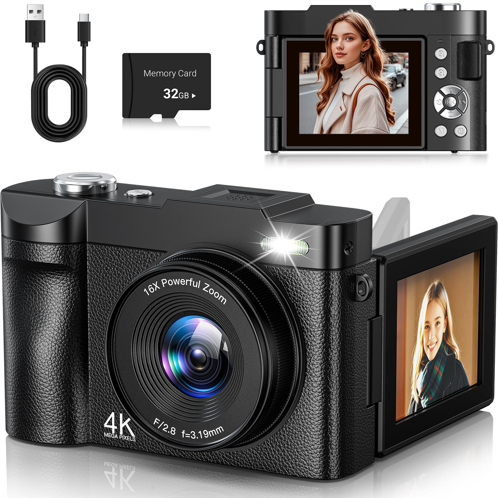 4K Digitalkamera 50MP Autofokus Fotokamera 16X Digitalzoom 2.8'' 180° Flip Screen Fotoapparat mit Selfie Kompaktkamera mit 32GB Karte für Teens Anfänger Erwachsene Angebot bei HelloDeals