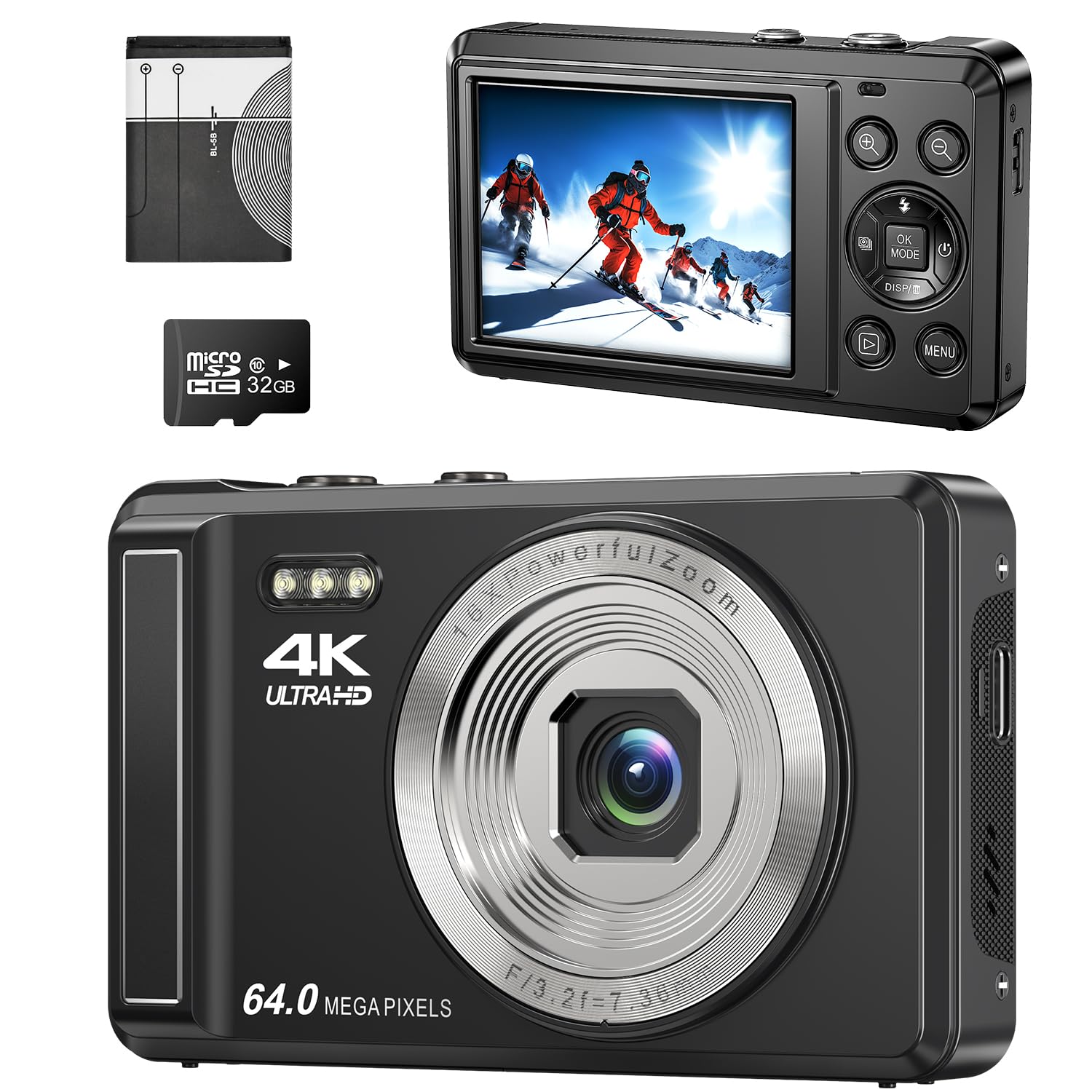 Digitalkamera 4K FHD Vlogging, kompakte Kamera mit 64 MP mit 16-fachem Digitalzoom, wiederaufladbar mit 7,11 cm (2,8 Zoll), Mini-Kinderkamera mit 32 GB Speicherkarte Full-Size Angebot bei HelloDeals
