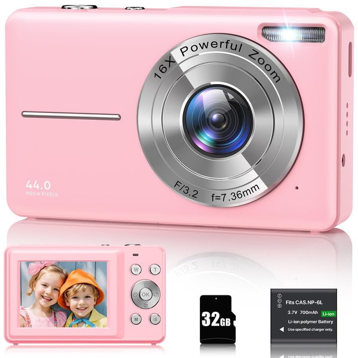 Digitalkamera 1080P 44MP Fotokamera 16X Digitalzoom Kamera, Vlogging Fotoapparat Kompaktkamera mit 2,4" LCD Bildschirm, 32G Micro Speicherkarte, 1 Akku für Kinder Teenager Studenten Anfänger-Rosa Angebot bei HelloDeals