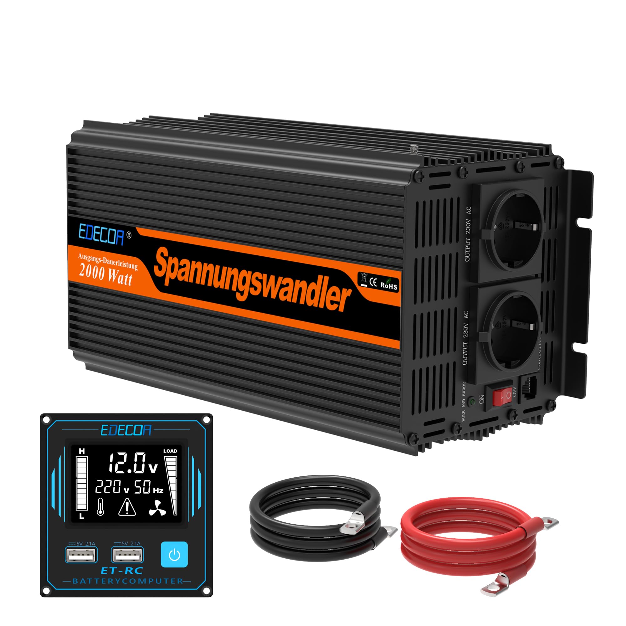 EDECOA Wechselrichter 2000w 12v 230v Spannungswandler mit Neuer Fernbedienung 2X USB und Bildschirm LCD für Sonnenkollektor KFZ Wohnmobi 2000w Fernbedienung USB Angebot bei HelloDeals