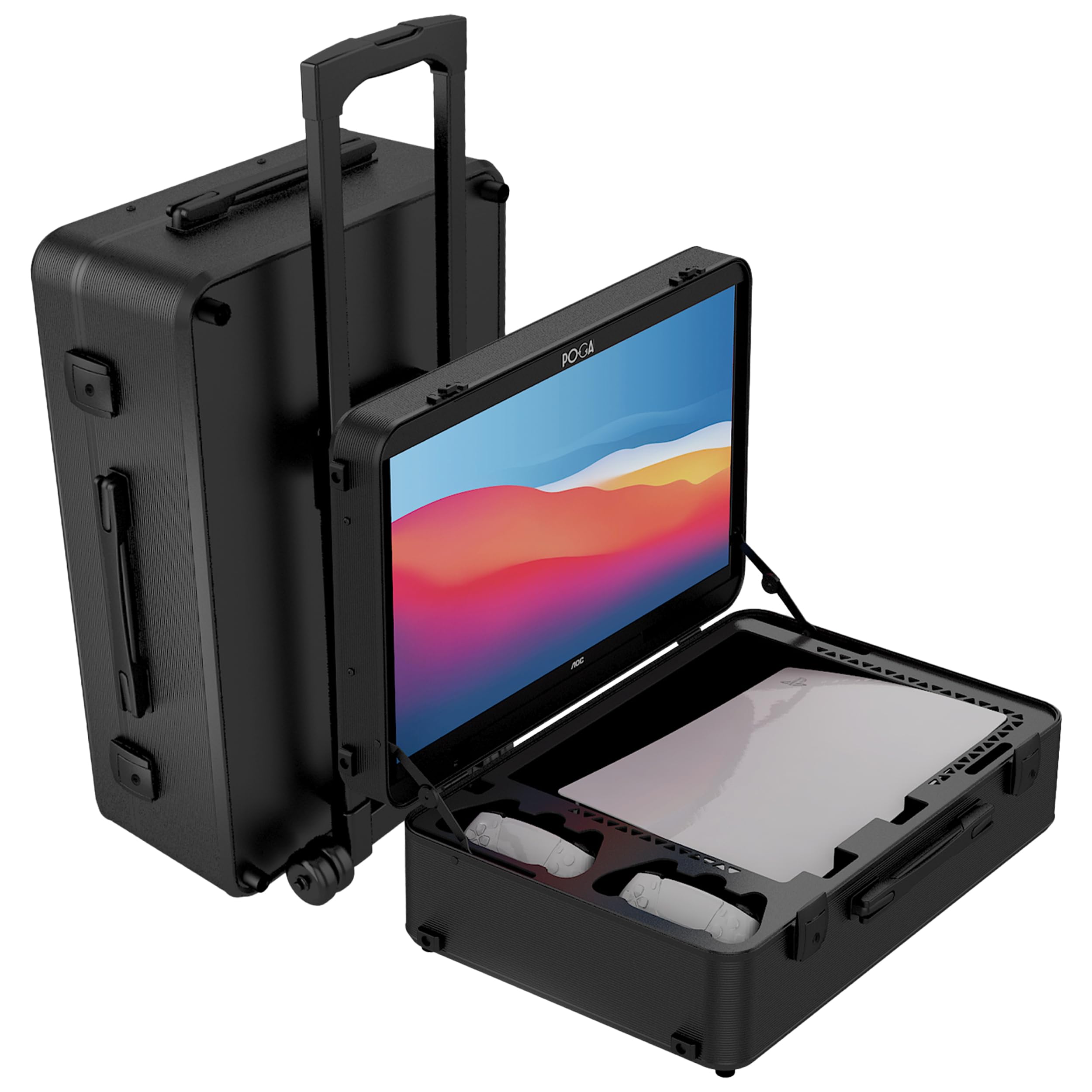 POGA Lux Black – Tragbarer Gamingkoffer (kompatibel mit Playstation 5) mit integriertem 24″ AOC Gaming Monitor, Trolley & Reisekoffer-Design – Schwarz Angebot bei HelloDeals