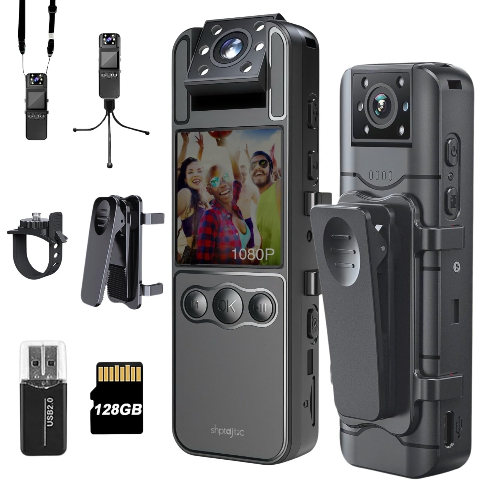 128GB Bodycam mit 180°Drehlinse, Sportkamera mit 6 Stunden Akku, Nachtvision, tragbare Kamera für Haustiere, Büro, Sicherheitsarbeit Polizeistrafverfolgung (H82-1080P-128G) Angebot bei HelloDeals