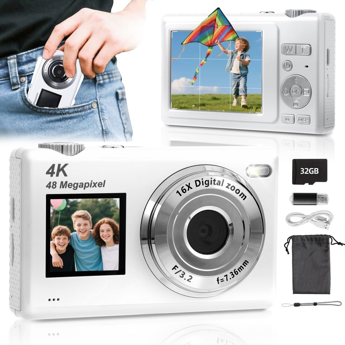 ARNSSIEN Digitalkamera mit Dual-Bildschirm, Autofokus 4K 48MP Vlogging Kamera Fotokamera mit 32GB Karte,Kompaktkamera, 16X Zoom, Anti-Shake, Geschenk für Kinder Teenager Anfänger,Y5 Weiß Angebot bei HelloDeals