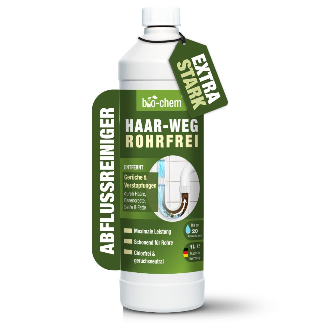bio-chem Haar-Weg Abflussfrei – Abflussreiniger EXTRA STARK – 1000 ML - Bis zu 20 Anwendungen je Flasche Rohrreiniger – Extrem effektiver Abflussöffner & materialschonend - Made in DE 1) Abflussreiniger 1 l (1er Pack) Angebot bei HelloDeals