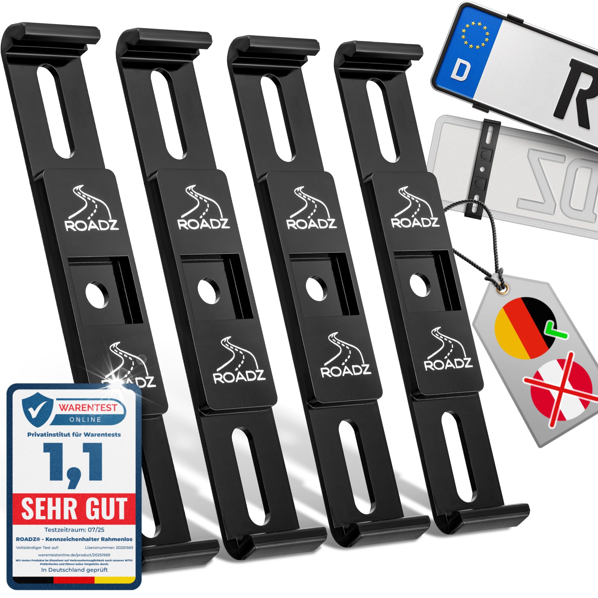 ROADZ® Kennzeichenhalter Rahmenlos - [unsichtbar & legal] - Sicherung für bombenfesten Halt - Set für 2 Kennzeichen - werbefrei - Nummernschildhalter - rahmenlose Kennzeichenhalter Auto Deutschland + EU (kein Österreich) Schwarz glänzend Angebot bei HelloDeals
