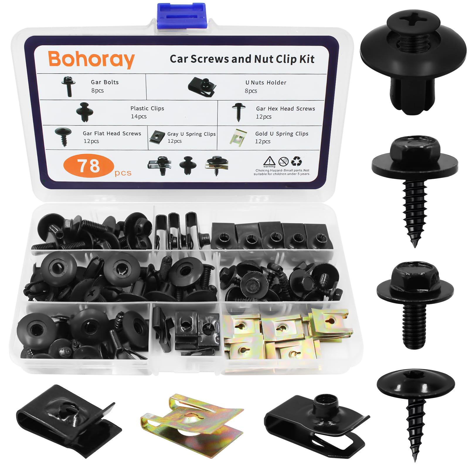 Bohoray 78pcs Karosserieschrauben Set, Auto Body Undertray Fender Schrauben, KFZ Blechmutter Schraube Mutter Clip Kit, Metall U Typ Befestigungsclip für Auto Stoßstange, Undertray, Türverkleidung Angebot bei HelloDeals