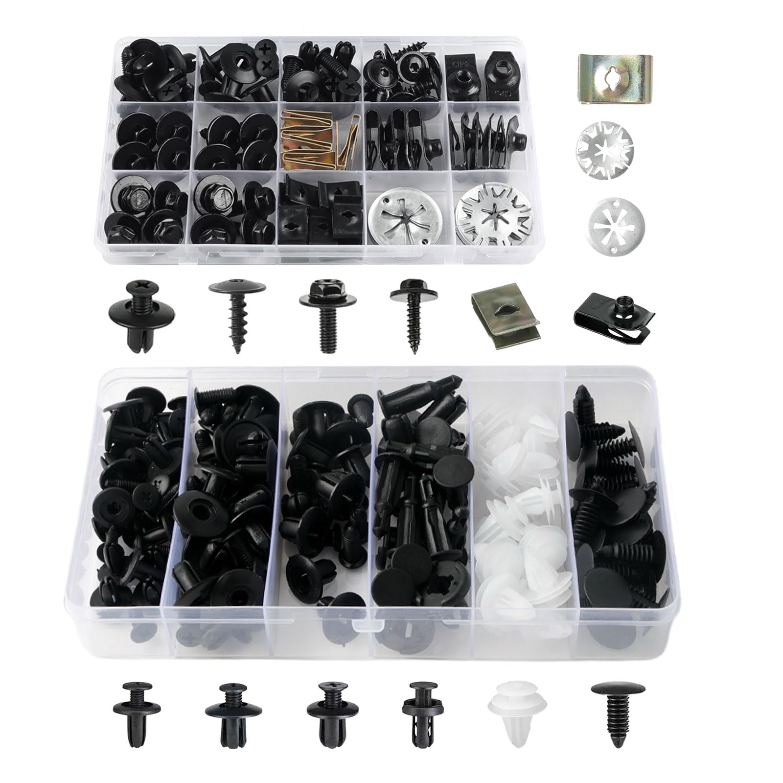 180 Stück Karosserieschrauben Set + Befestigungsclips, Auto Body Undertray Fender Schrauben, KFZ Blechmutter Schraube Mutter Clip Kit, Metall U Typ Befestigungsclip für Auto Stoßstange, Undertray Angebot bei HelloDeals