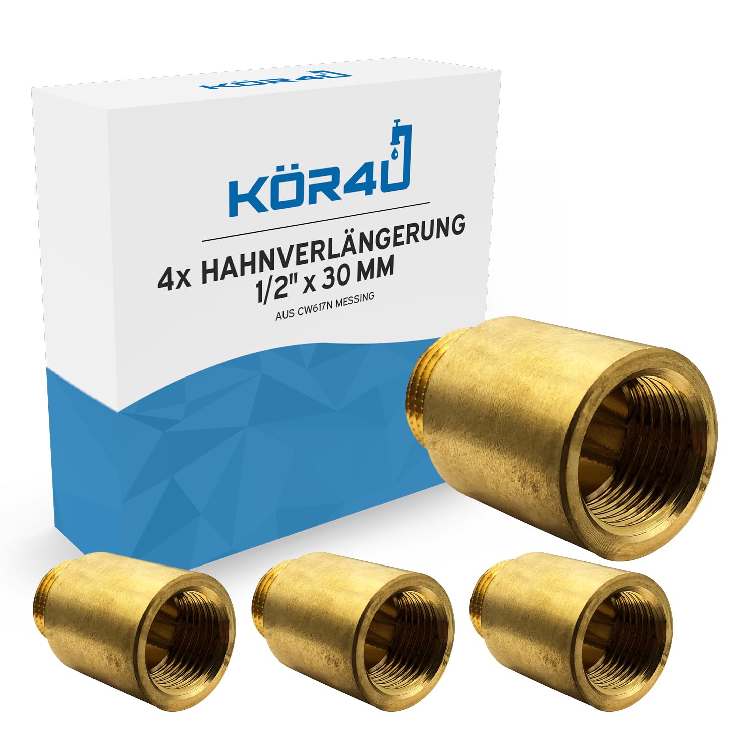 4x kör4u Hahnverlängerung Messing 1/2 Zoll x 30 mm, Gewindeverlängerung, Trinkwasser geeignet 4x 1/2" x 30 mm Angebot bei HelloDeals