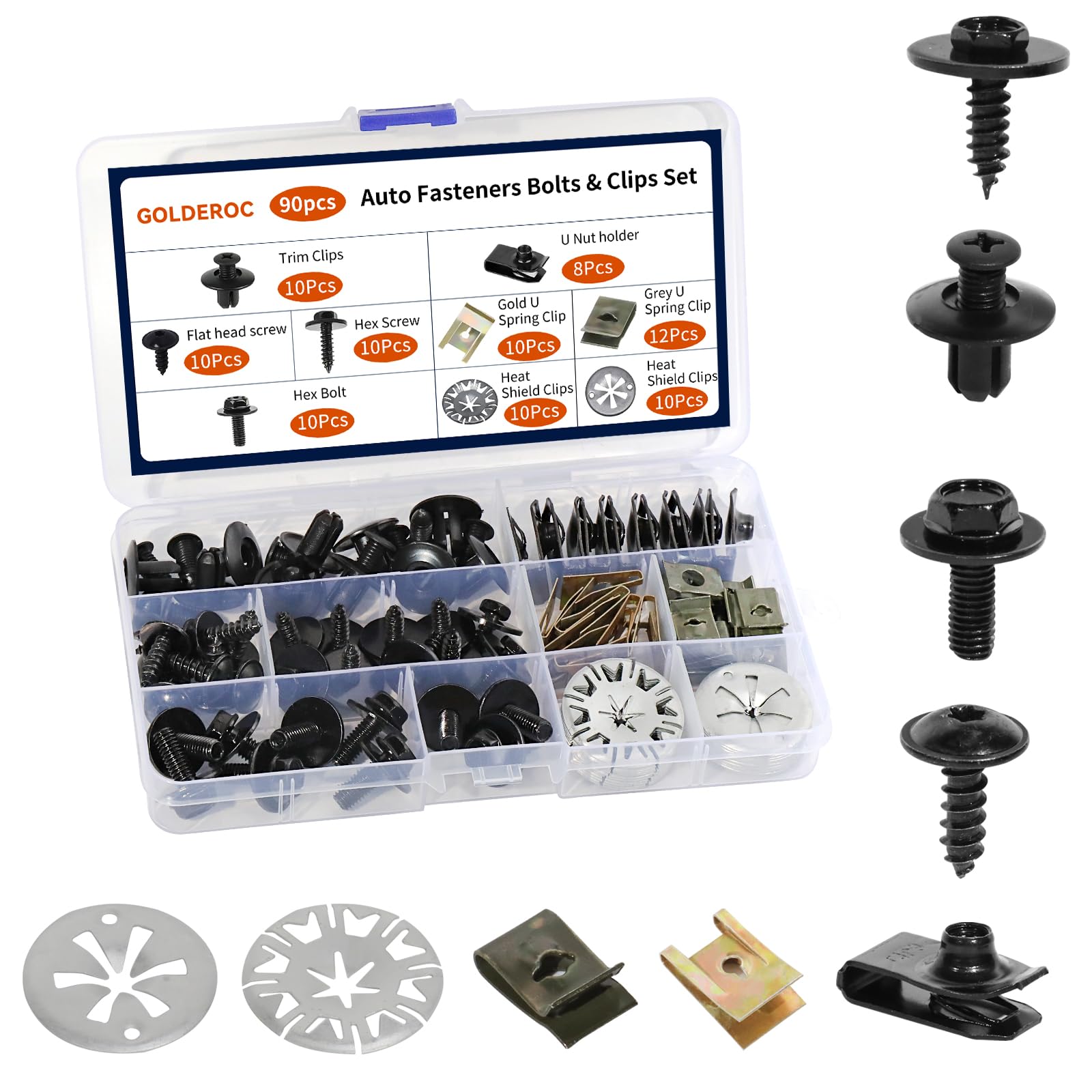 GOLDEROC 90 Stück Blechmutter Schrauben Clips Set, mit Karosserieschrauben, Hitzeschutz Klemmscheiben & U Type Karosserie Clips, Befestigungsclips Auto für Befestigen & Reparieren Autoteil Angebot bei HelloDeals