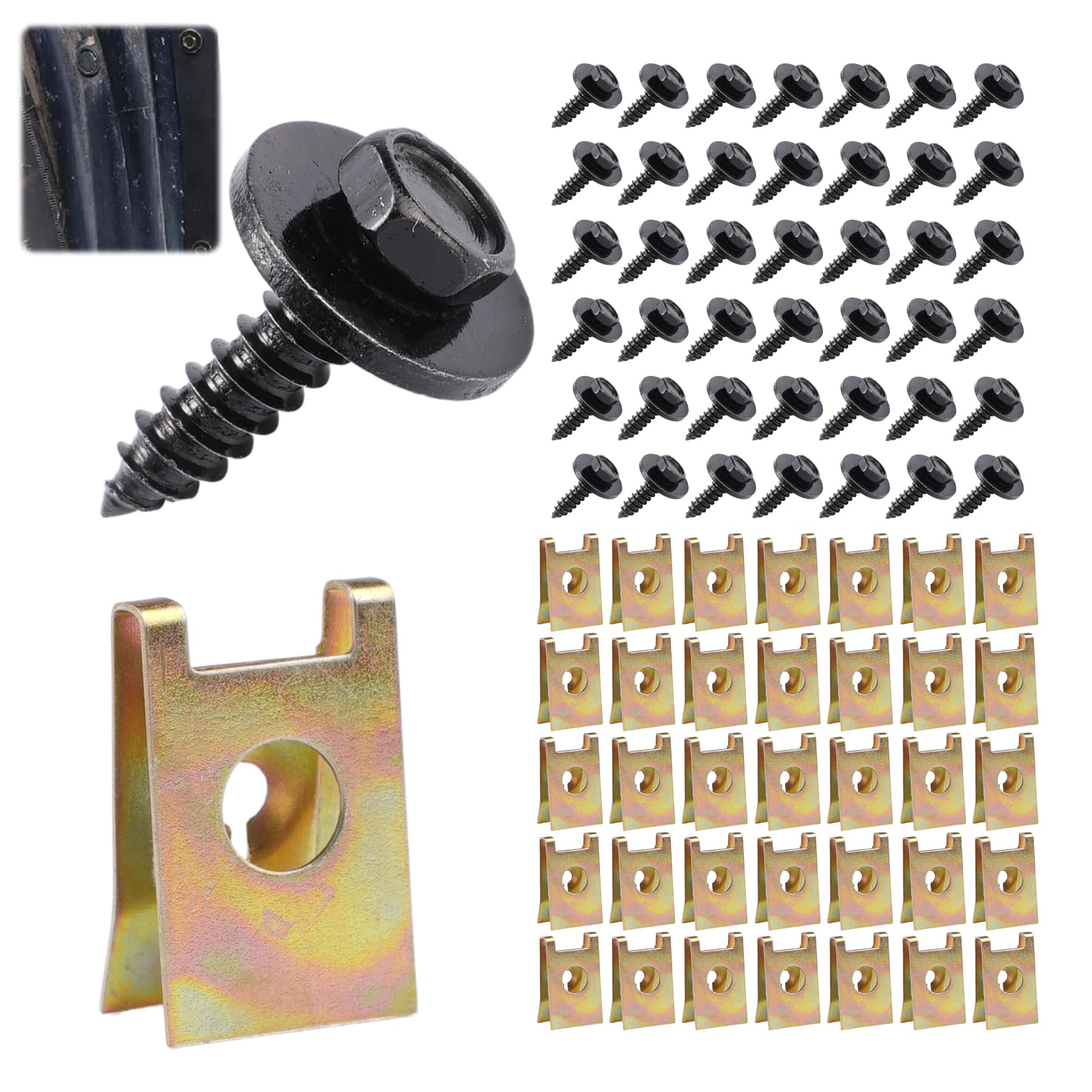100 Stück Karosserieschrauben, 50 Sätze Blechmutter Schraube Mutter Clip Kit, U-Typ Blechmuttern, Schnappmutter, Haltbarkeit, Ideal für Stoßstangen,Kotflügeln,Motorabdeckungen und Spritzschutzblechen Angebot bei HelloDeals