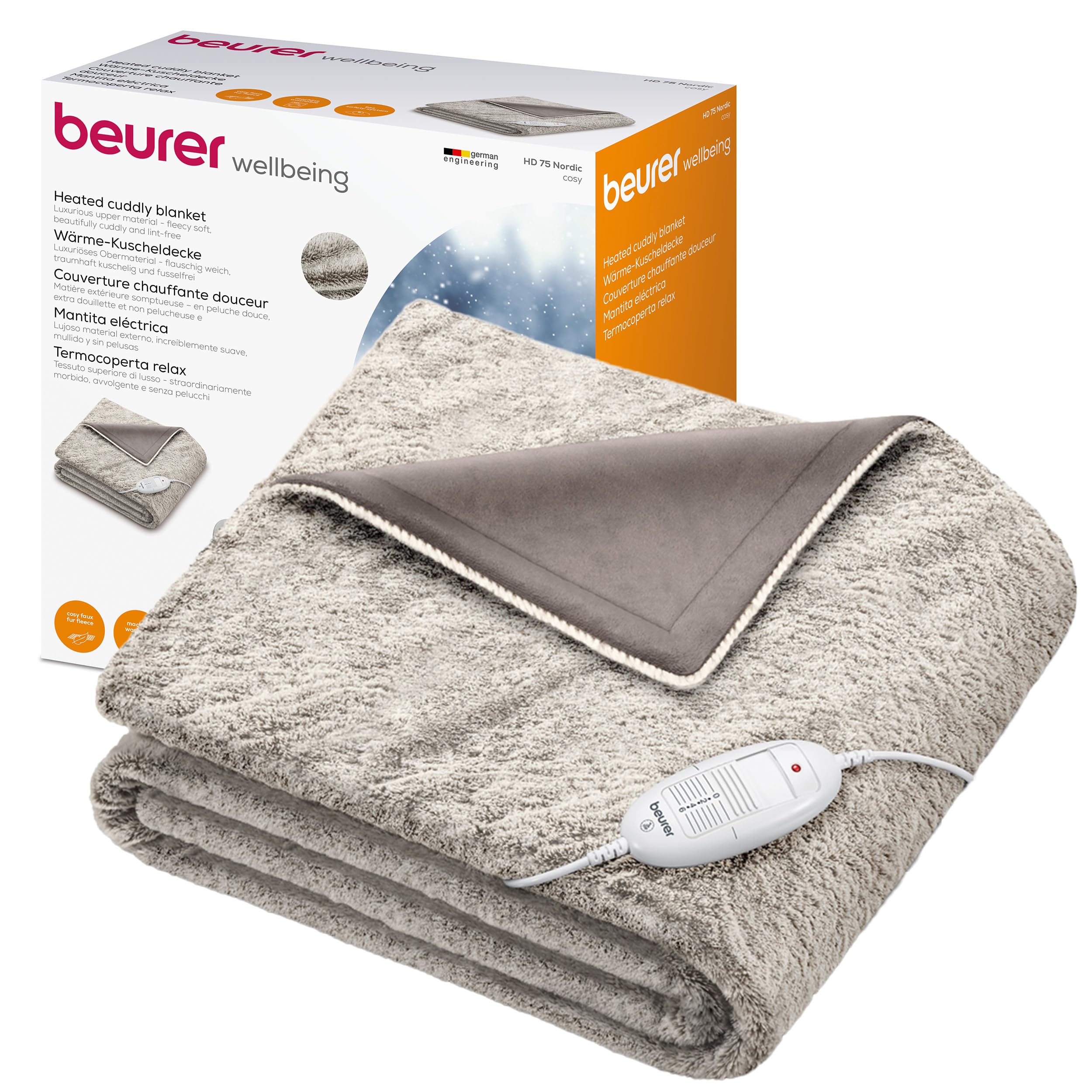 Beurer HD 75 Nordic Heizdecke, kuschelige Wärmedecke in Felloptik, 6 Temperaturstufen, maschinenwaschbar, mit Abschaltautomatik, beige / braun, 180 x 130 cm Angebot bei HelloDeals