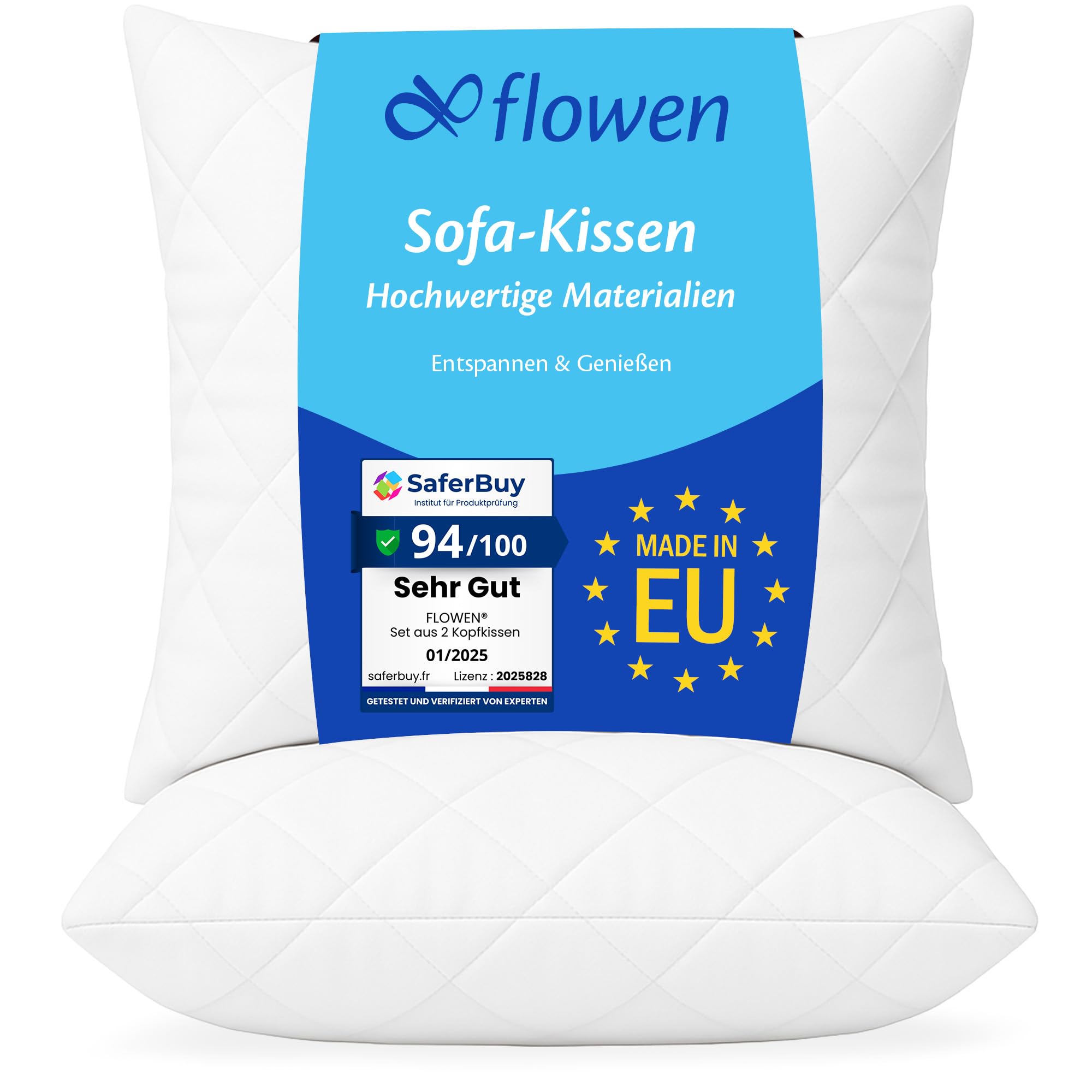 Flowen Kissen 50x50 Kopfkissen 2er Set für Sofa und Bett Innenkissen Hypoallergene Anti-Milben Kissenfüllung mit Weicher Gesteppter Kissenbezug Abnehmbarem und Waschbaren für Haus/Hotel 50x50 - 2er Set Angebot bei HelloDeals