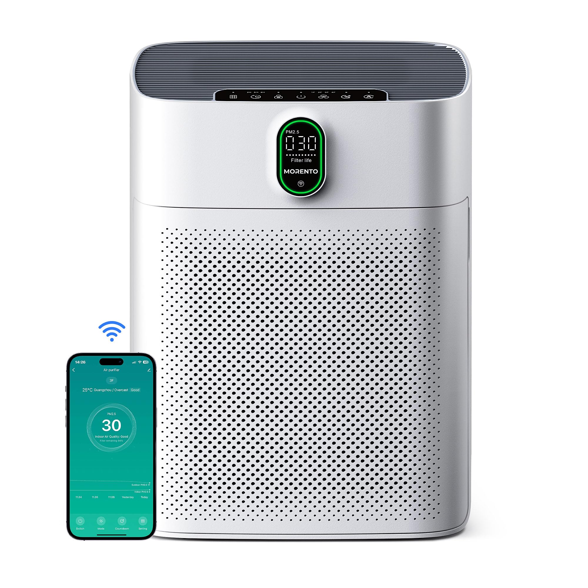 MORENTO Luftreiniger Allergiker für Wohnung Raucherzimmer, HEPA Luftfilter gegen Staub Pollen Tierhaare, CADR 300m³/h für 100㎡, Luftqualitäts-Feedback & Automodus, 24dB Air Purifier Timer(Weiß) Angebot bei HelloDeals