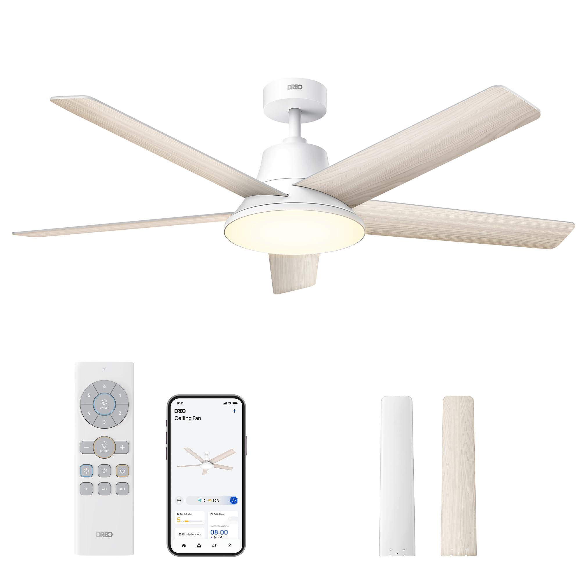Dreo Smart Deckenventilator mit Licht, 132 cm, 12 Geschwindigkeiten, 3 Modi, stufenlos dimmbares LED-Beleuchtung, leiser DC-Motor, 12H-Timer, Fernbedienung/APP/Alexa, für Innenräume, Weiß Angebot bei HelloDeals