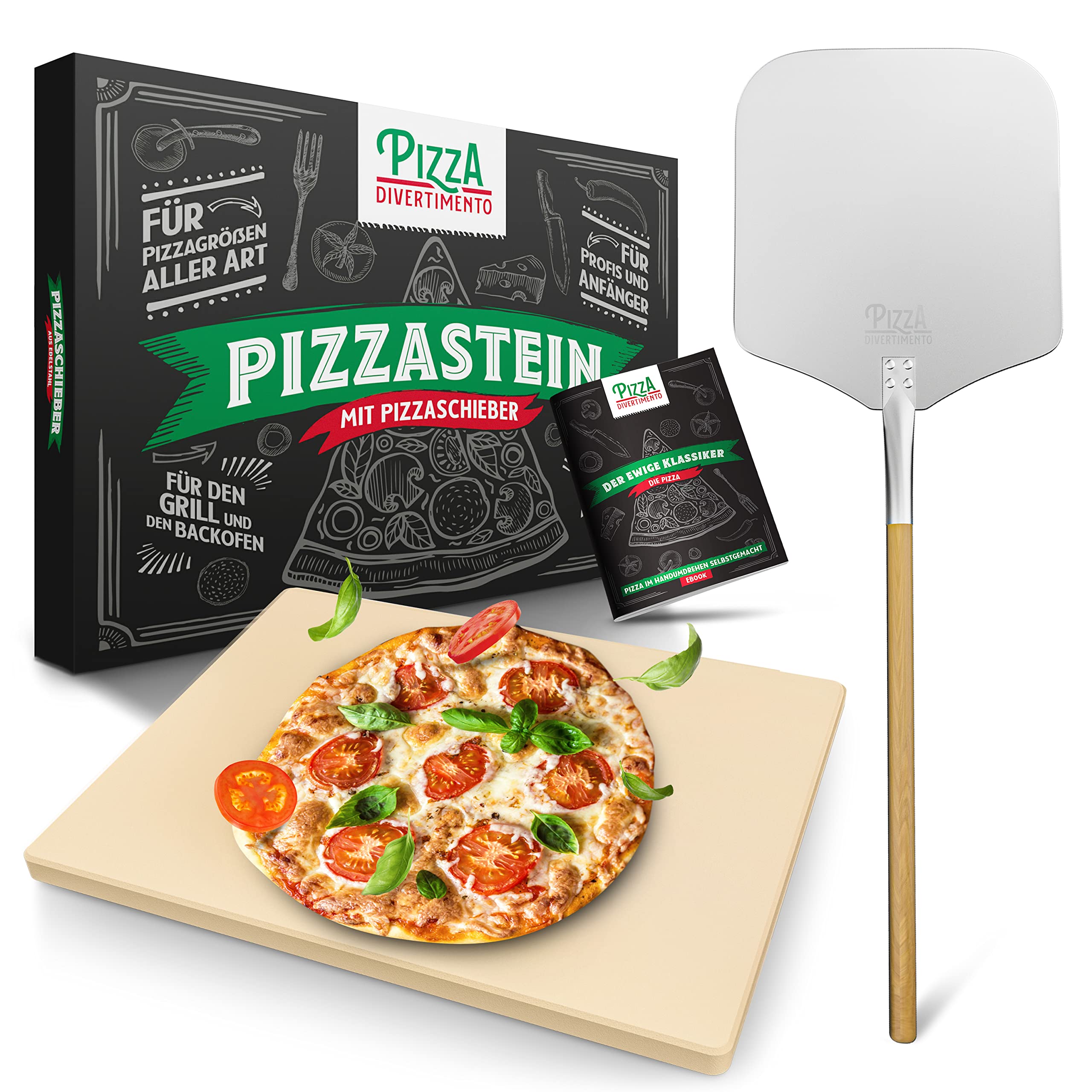 Pizza Divertimento - DAS ORIGINAL - Pizzastein für Backofen & Gasgrill – inkl. Pizzaschieber – Vergleich.org ausgezeichnet - Pizza Stein – Für knusprigen Boden & saftigen Belag - Inkl. e-Rezeptbuch Angebot bei HelloDeals
