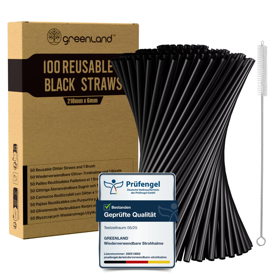 Greenland® 100 Wiederverwendbare Schwarze Trinkhalme mit Bürste – 21 cm lang, 6 mm breit – Perfekt für Cocktails, Milch, Saft, Tee (Strohhalme) 100 Schwarze Angebot bei HelloDeals
